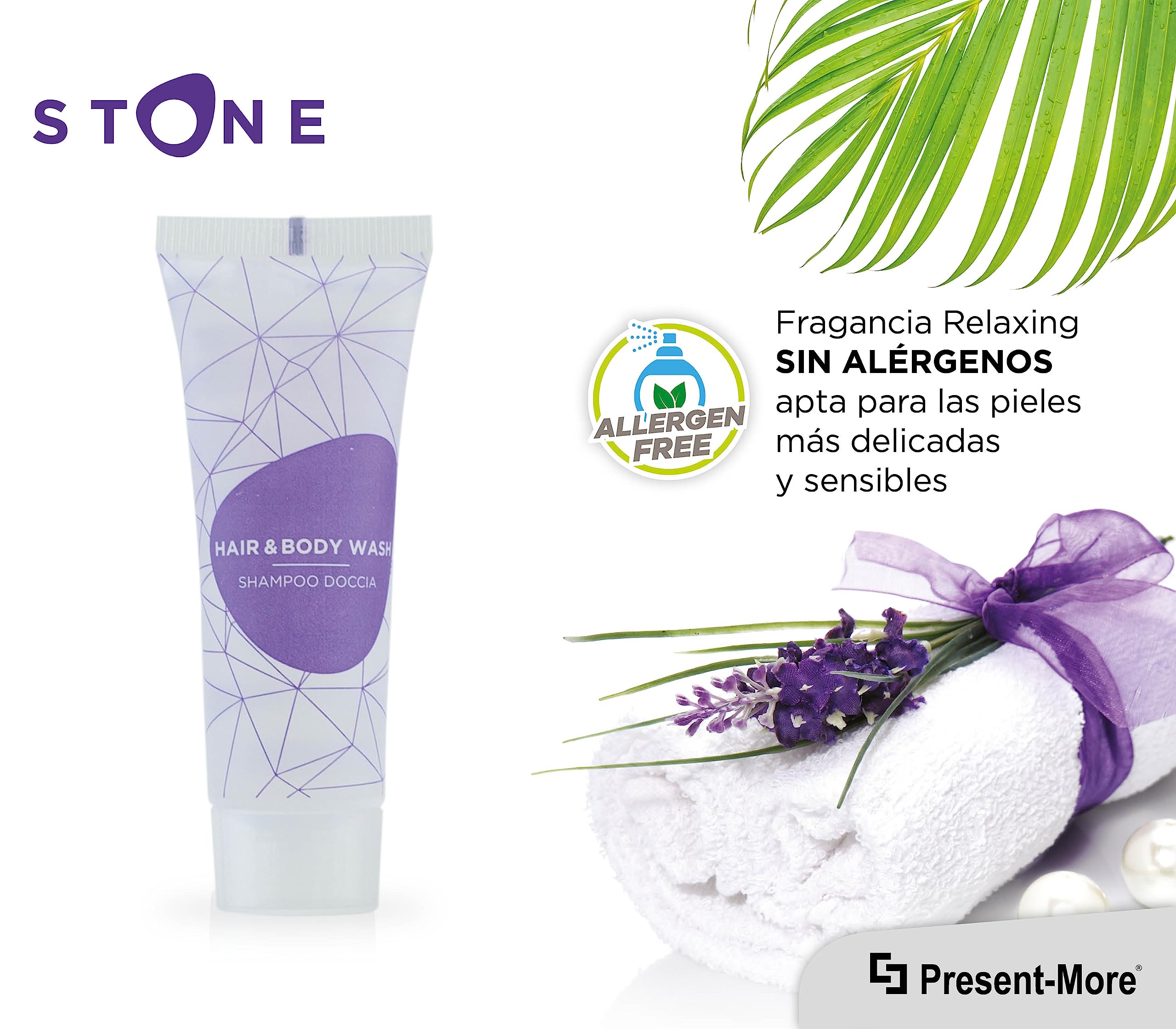Present-More Champú de ducha 30ml Stone - Ducha champú 125 unidades para Hoteles y B&B | Ducha champú sin alérgenos con fragancia Relaxing