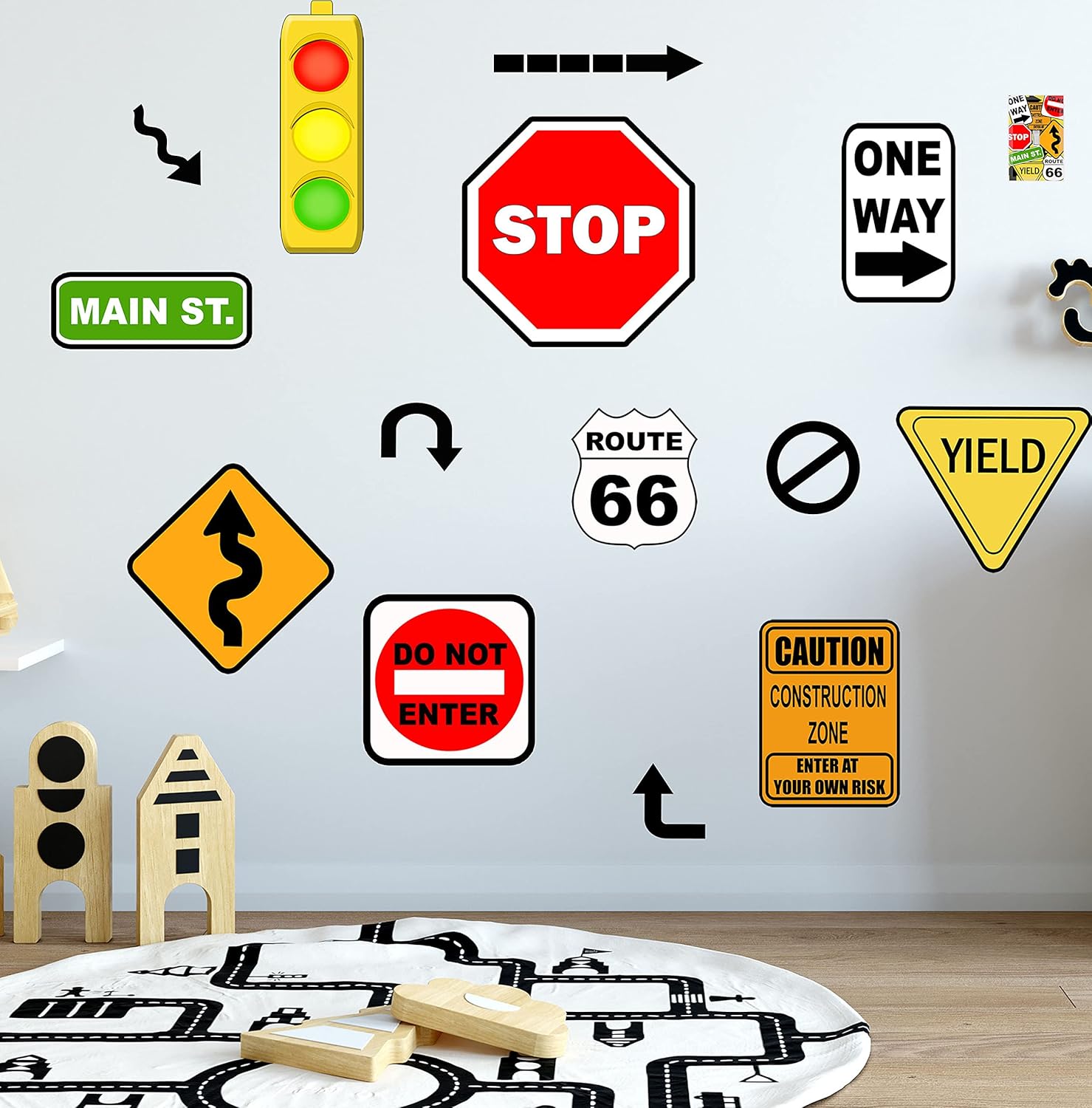 Road Sign Wall Decals, Street Sign Wall Decor Stickers Stop Sign, One Way, Traffic Light, Yield, Caution Construction, Do Not Enter Route 66, Boys Room Decor Fun Decoration for Bedroom (Road Sign)