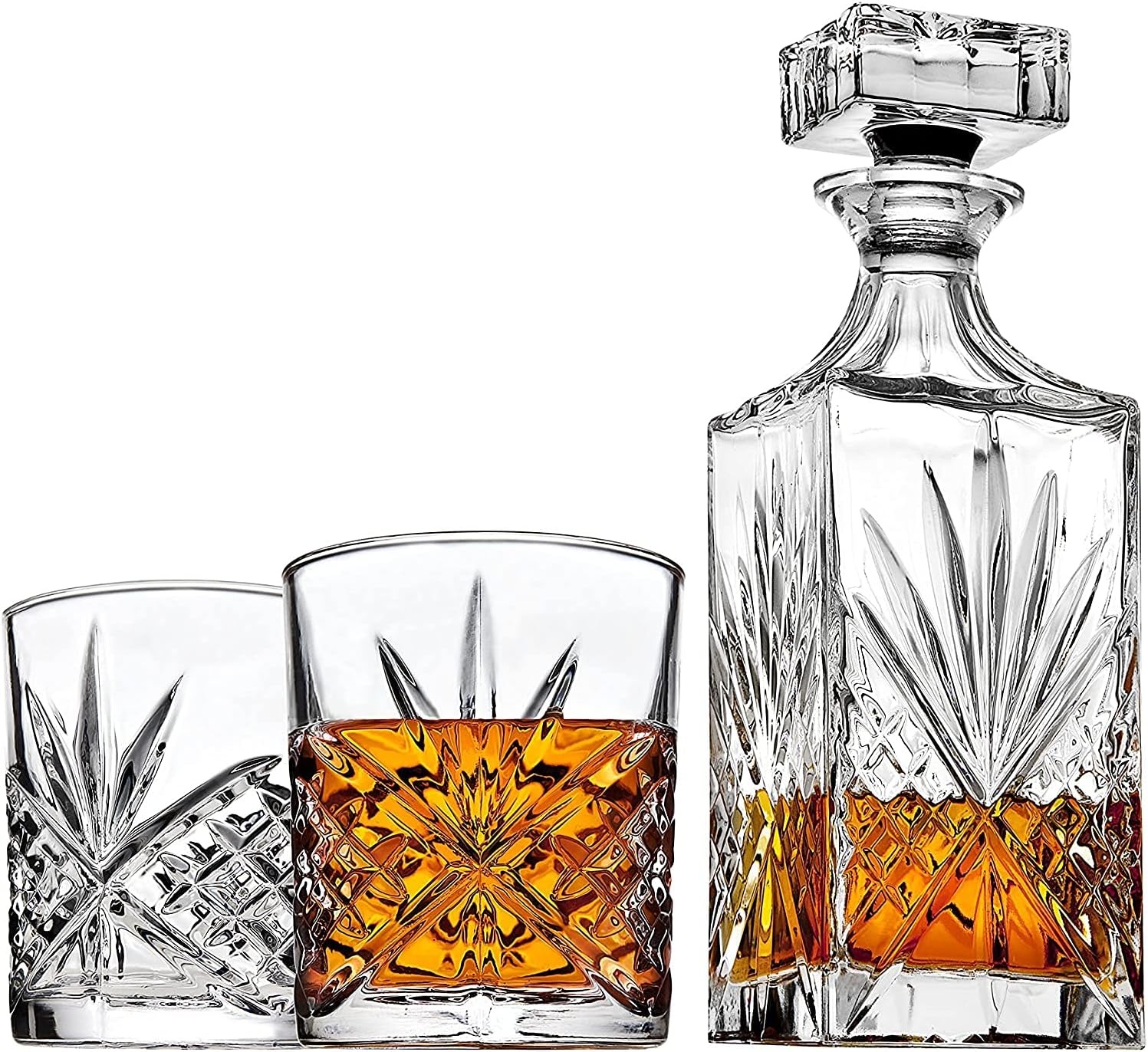 VF UAE Official Store Whiskey Decanter Set with 2 Old Fashioned Whisky Glasses for Liquor Scotch Bourbon or Wine