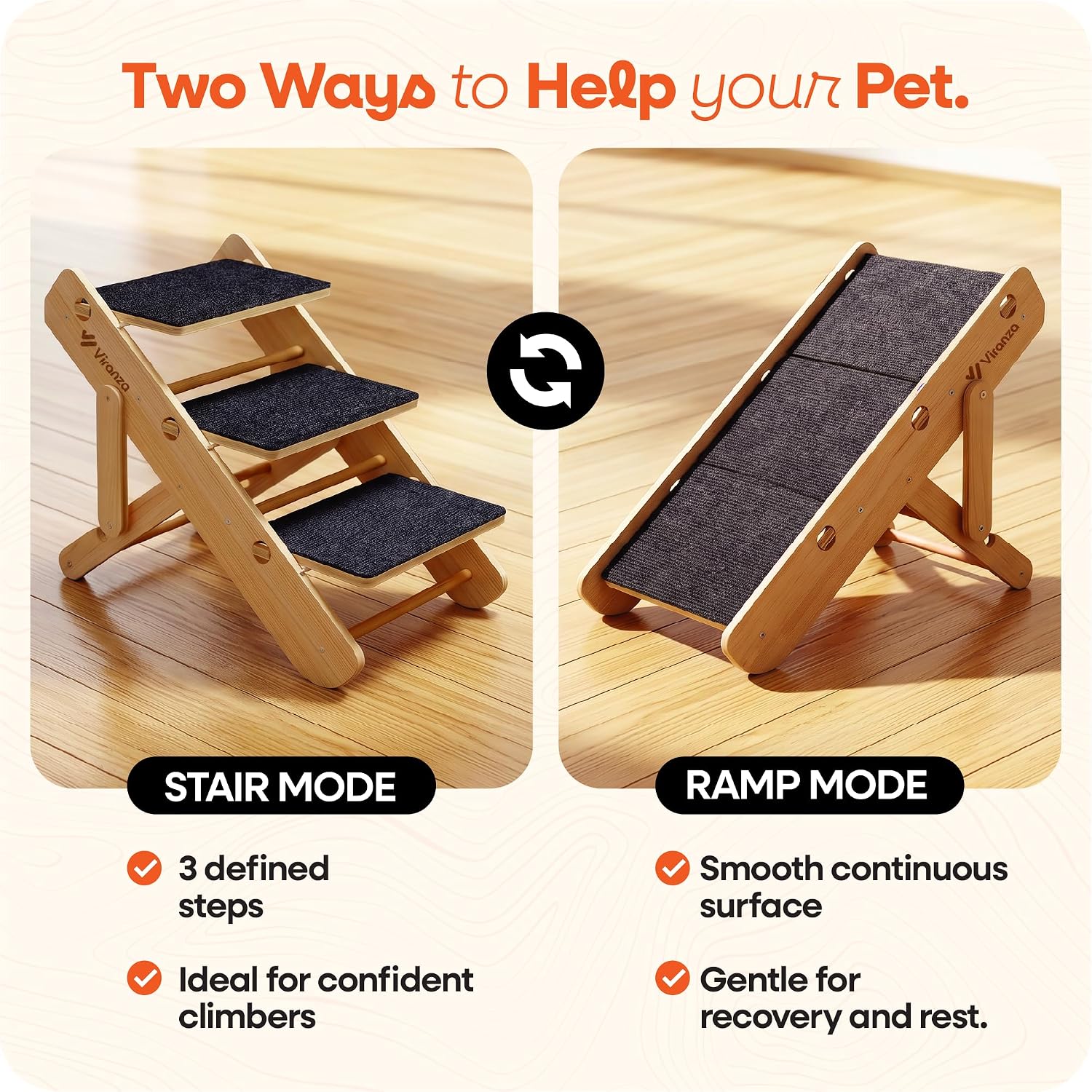 2-in-1 Dog Stairs for Small Dogs Wooden Dog Ramp for Bed |3-Step Pet Stairs | Dog Stairs for Bed, Couch & Car, Foldable Pet Steps with Non-Slip Design for Extra Small & Small Dogs and Cats