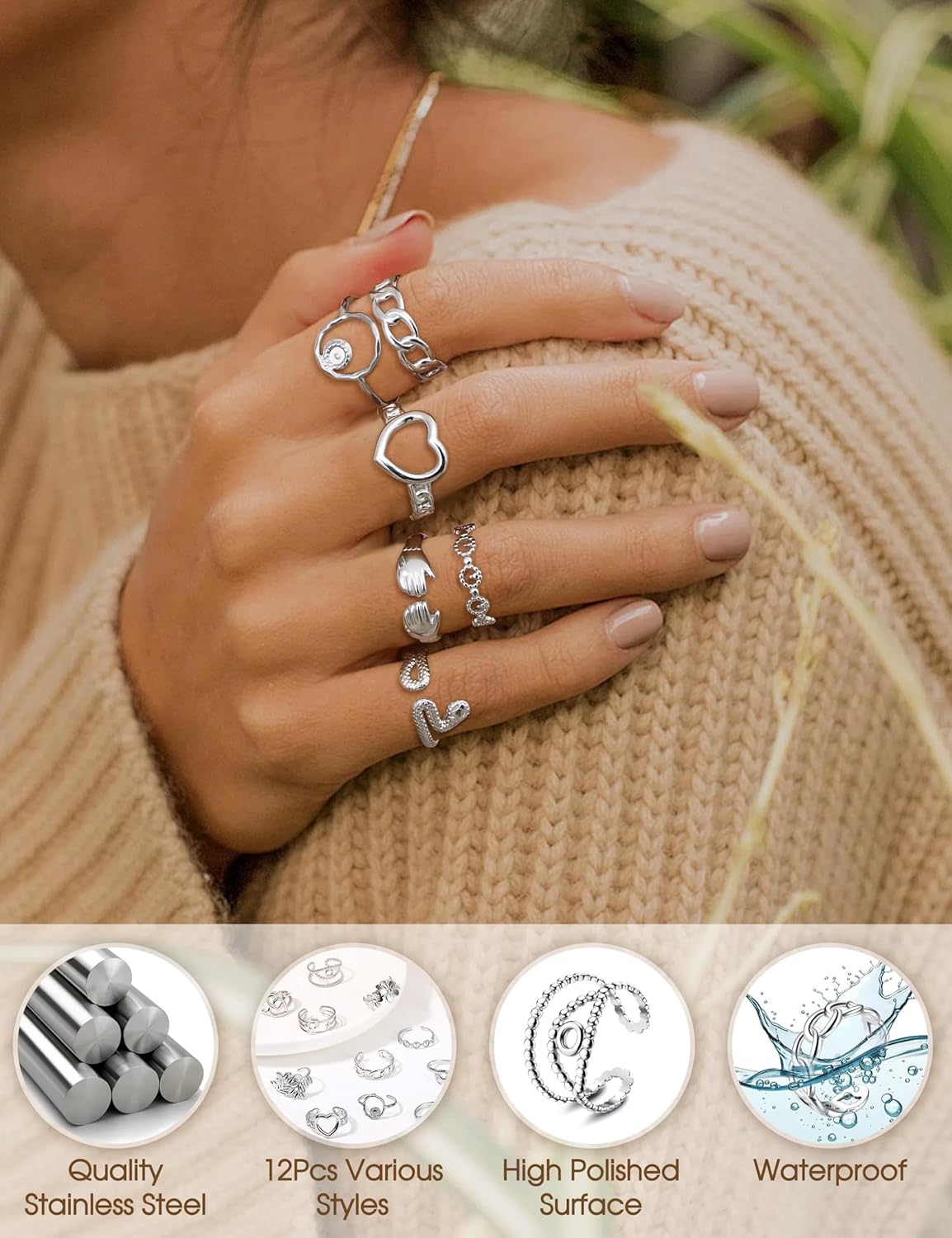 Subiceto 12Pcs Stainless Steel Rings for Women Silver Plated Aesthetic Jewelry Rings Adjustable Open Stackable Rings Trendy Knuckle Thumb Finger Rings Size 6-9 Indie Rings - Image 2