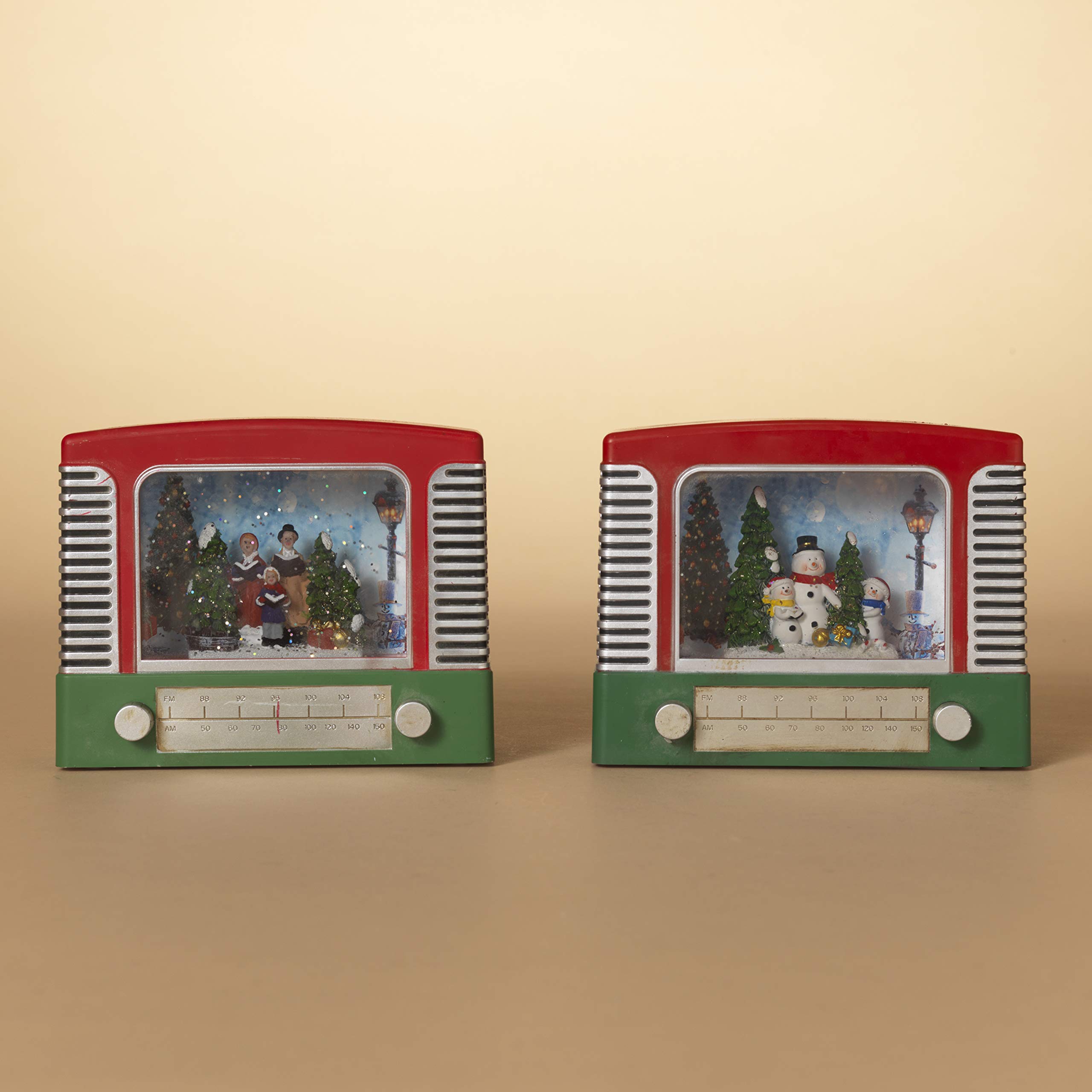 Gerson Vintage Radio Shaped Christmas Spinning Glitter Water Snow Globe Lantern Set