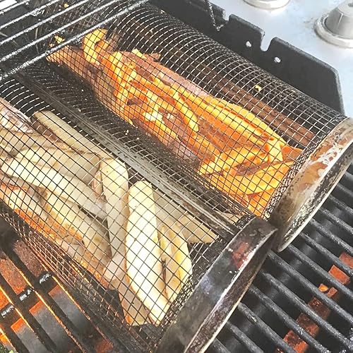 Miniatura 7 de Grebest Cesta de parrilla rodante, cesta de parrilla Ever de acero inoxidable de malla de alambre para parrilla, para acampar al aire libre,