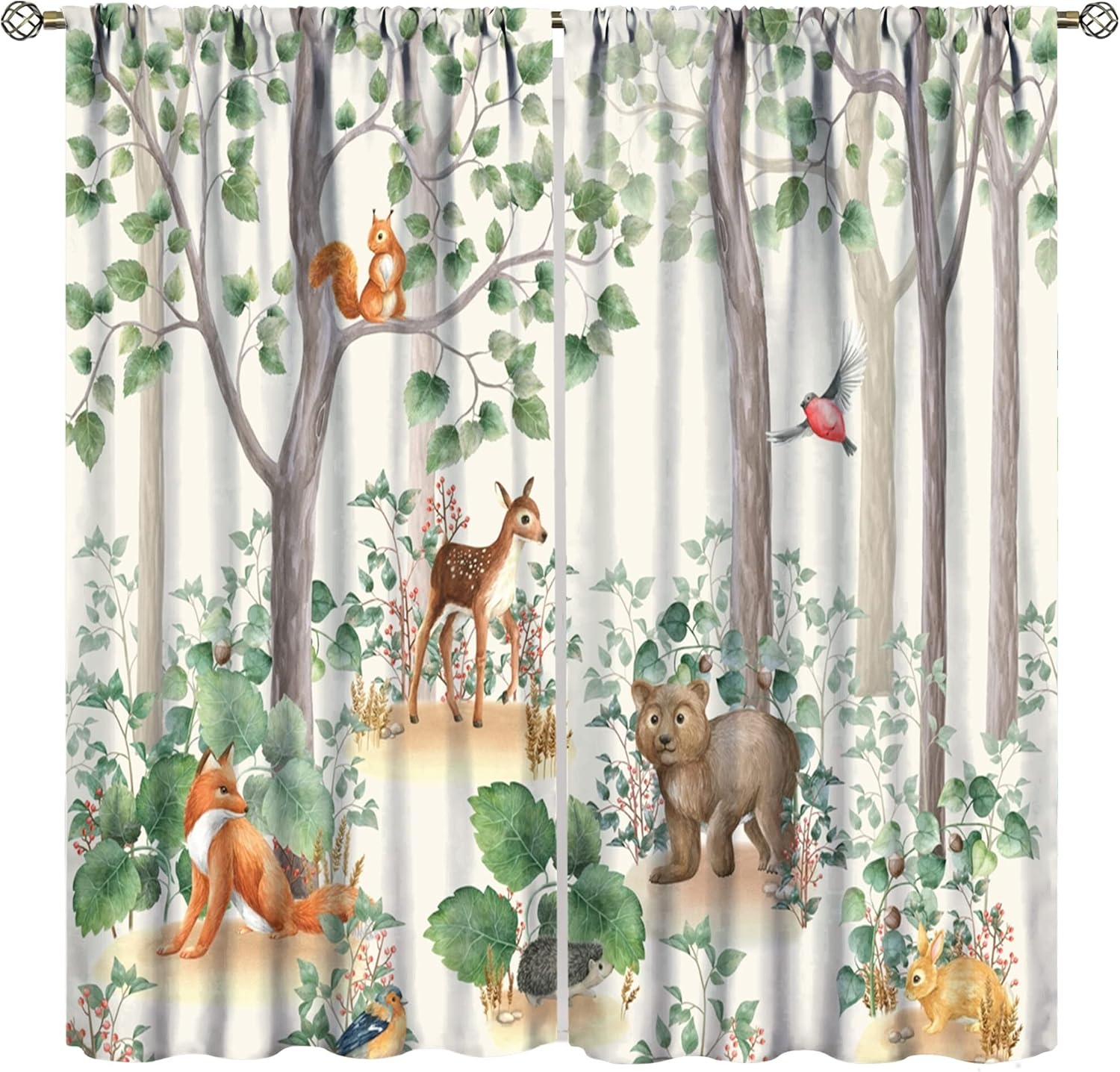Forest Animal Curtains,Fox Elk Bird Animal Watercolor Woodland Print Curtains Kids Nursery Bedroom Living Room Home Decoration 42x54 Inch