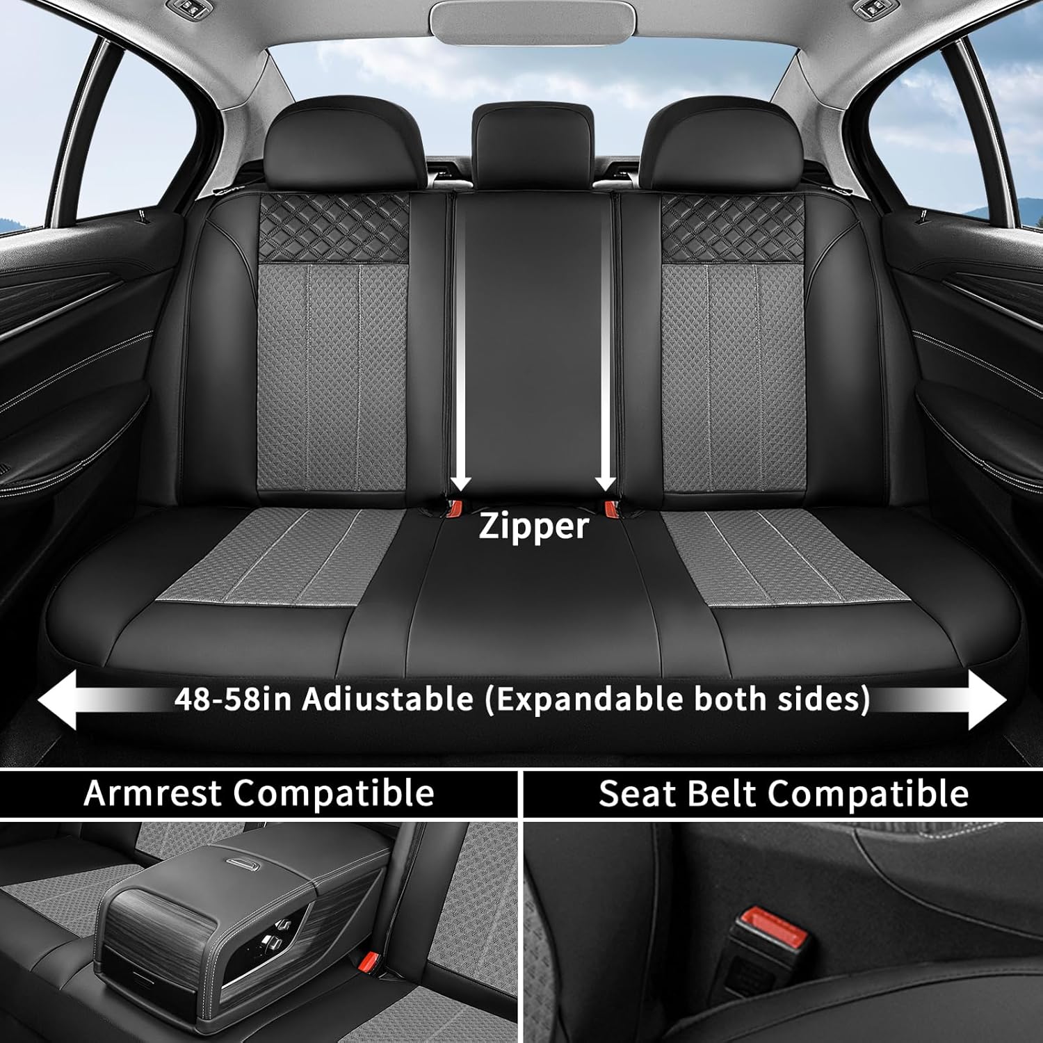 FLORICH Car Seat Covers Full Set Leather & Mesh Seat Cover 5 Seats Front and Back Car Interior Covers Automotive Seat Comfort Protection Accessories Universal Fit for Most Car SUV Truck, Gray&Black