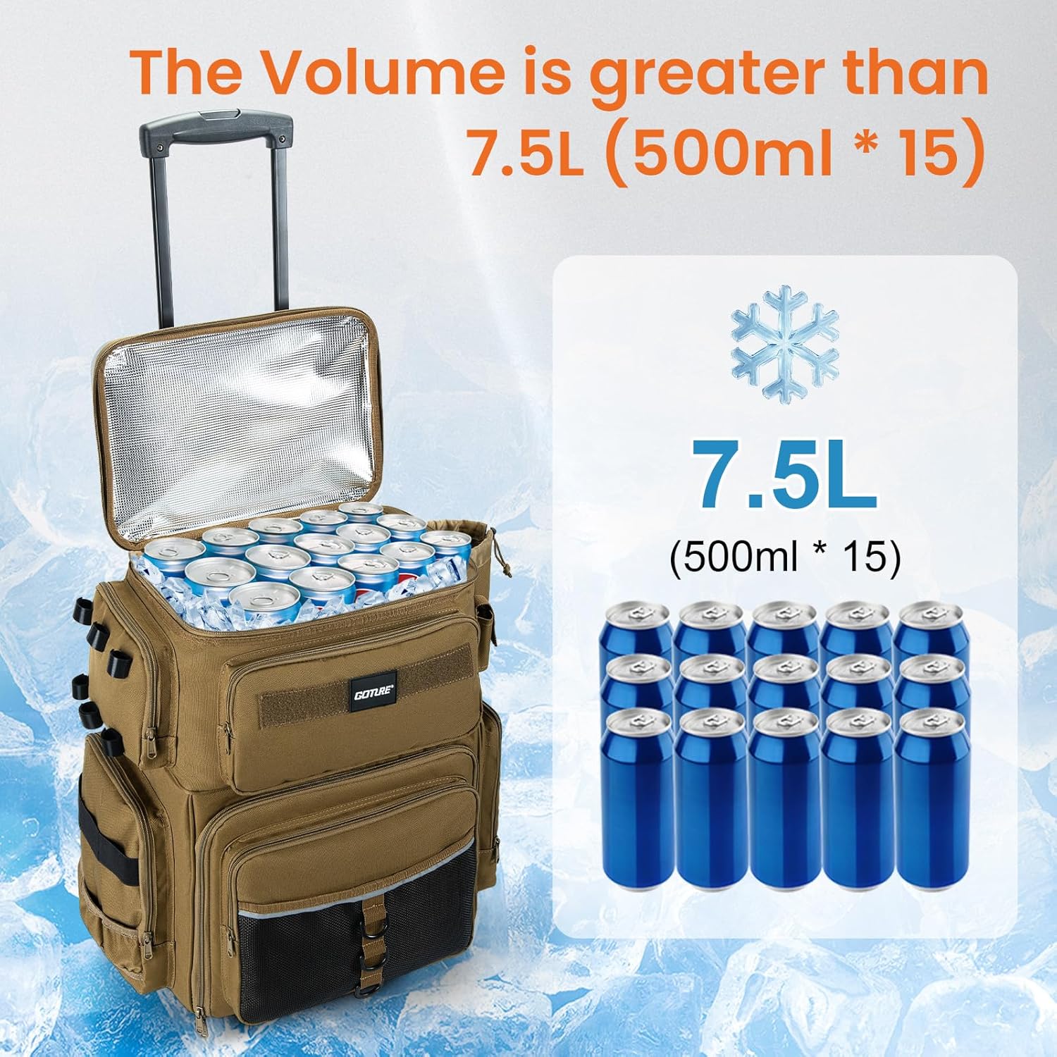 Goture 66L Rolling Tackle Box with Cooler, Khaki Large Fishing Bag with Wheels for 5 3700 Trays(Trays Not Included), Saltwater Resistant Tackle Backpack with Rod Holders