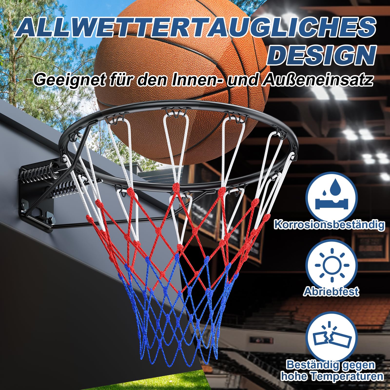 Arijam Massiver Basketballkorb Ø46 cm Ersatz Wand montiert Outdoor-Basketballkorb Heavy Duty Stahl Doppelter Feder-Rahmen Allwetter-Netz