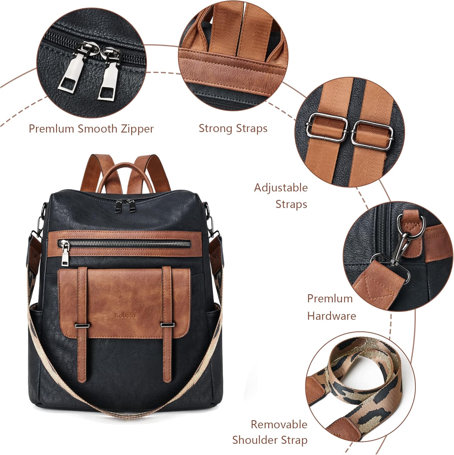 Backpack Purse for Women Fashion Designer Laptop Backpack for Women 15.6 inch Casual Daypack Backpacks with Wristlet (1-6 Black with Brown) - Image 6