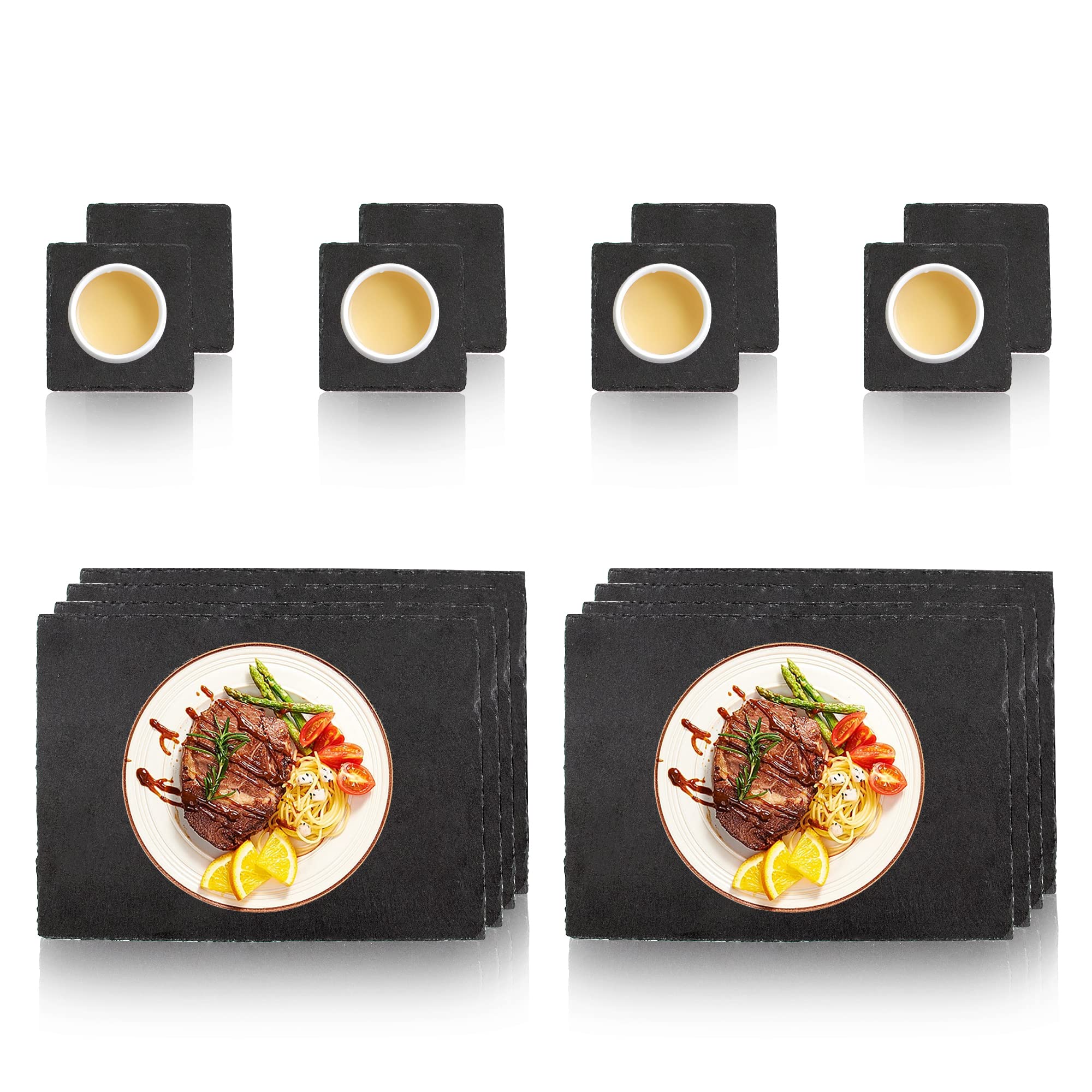 Time to Sparkle 16 PCS 30X20CM Black Slate Cheese Board Slate Serving Platters with Natural Edge for Kitchen Dining Party Display Chalkboard -Placemats Sets Of 8 With Coasters