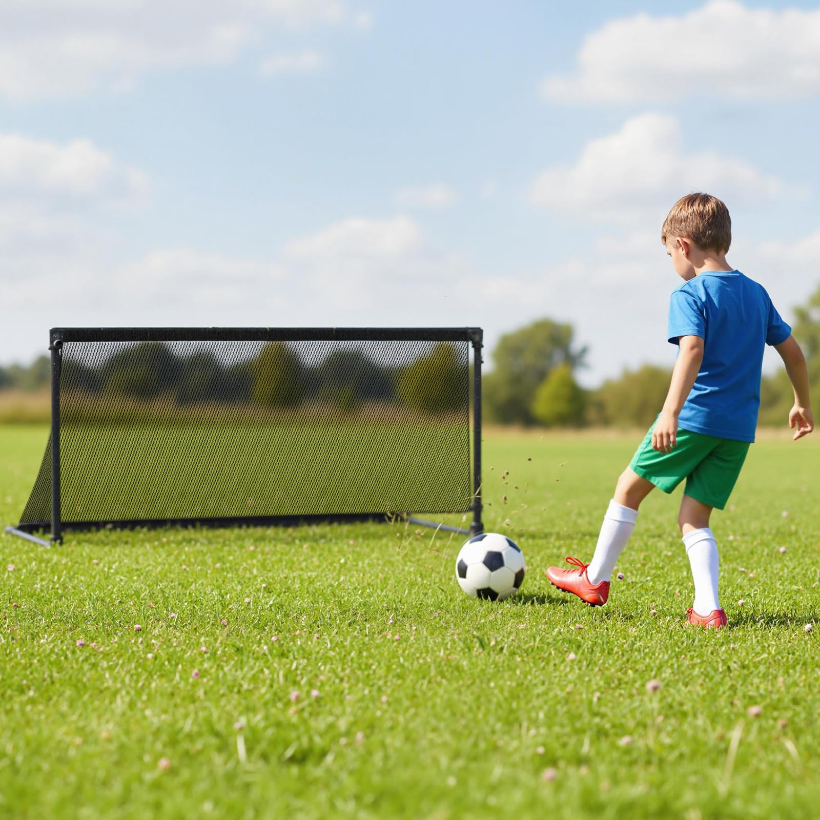 COSTWAY Porta da Calcio per Bambini in Metallo con Rete, Porta da Calcio Pieghevole e Facile da Montare con 4 Picchetti per Cortile, Spiaggia e Giardino per Bambini 6+ Anni