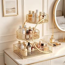 3-Tier Metal Cosmetic Organizer,Cosmetic Storage Rack for Vanity Tables,Multipurpose Metal Bathroom Organizers and Storage, Home and Office use Countertop Organizer Round-Gold