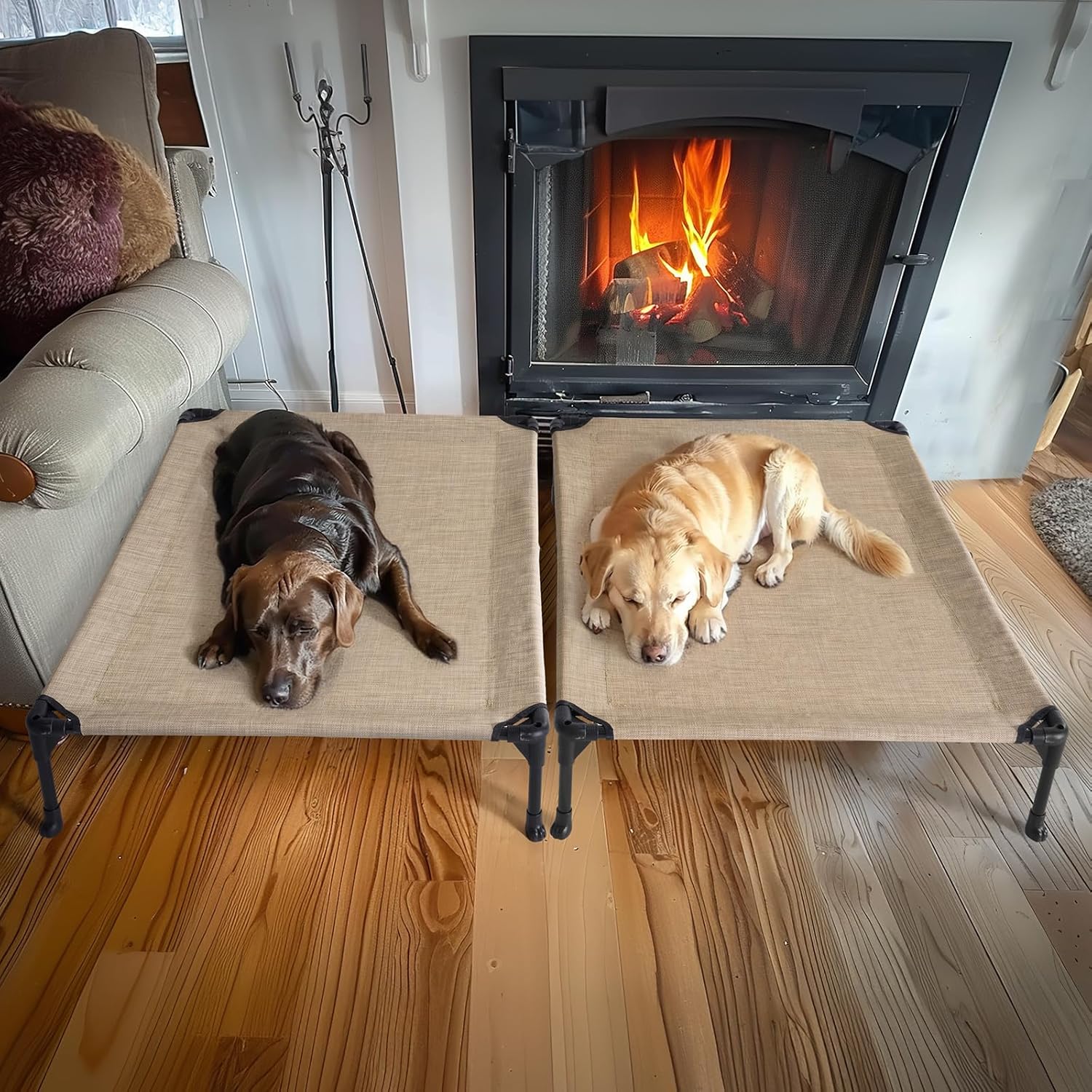 Veehoo 2 Pack Raised Dog Bed, Cooling Elevated Dog Bed, Portable Pet Cot with Washable & Breathable Mesh, No-Slip Feet, Durable Dog Cots Beds for Large Dogs, 42 x 30, Beige Coffee, CWC1803-L