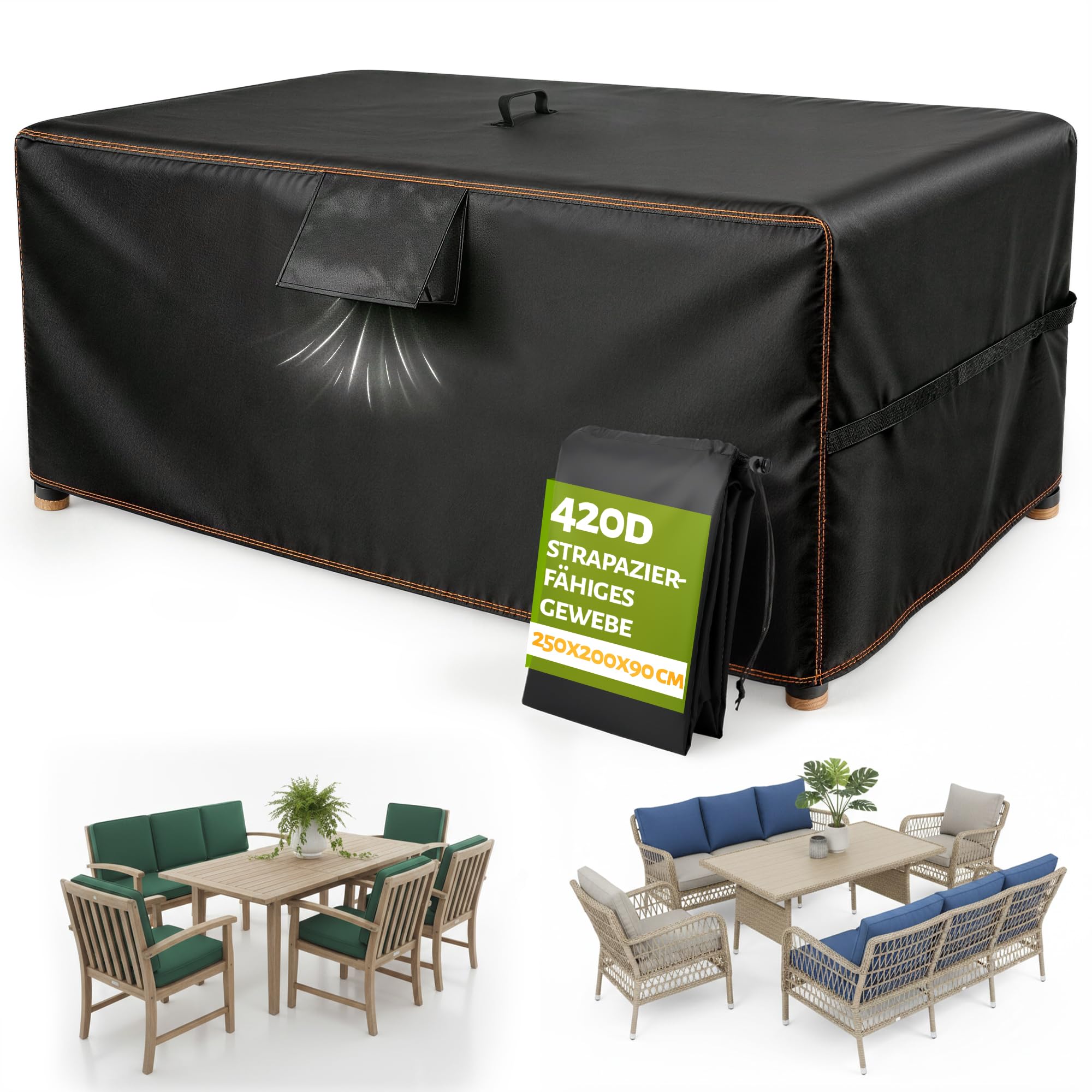 Menz Gartenmöbel Abdeckung 250x200x90cm, Abdeckplane Gartenmöbel, Schutzhülle Gartenmöbel, wasserdicht, Winterfest, UV-Schutz für Gartentisch, Lounge und Sitzgruppe