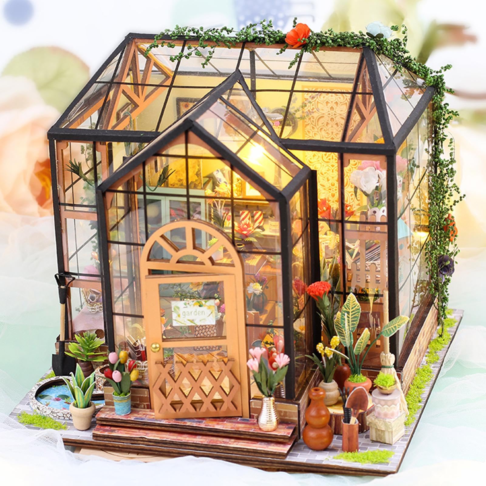 Tiny House Bausatz Kreative handgemachte Holzmodell-Bastelsets | Gewächshausmodell mit Möbeln und Werkzeugkleber Kreative DIY-Projekte Miniatur-Zuhause Deko Für Weihnachten Und Geburtstag