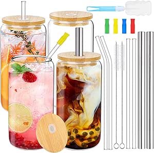 HAOYULUO 6 Pièces Verre Canette 500 Ml, Avec Couvercle Et Paille, Verre à Smoothie Réutilisable