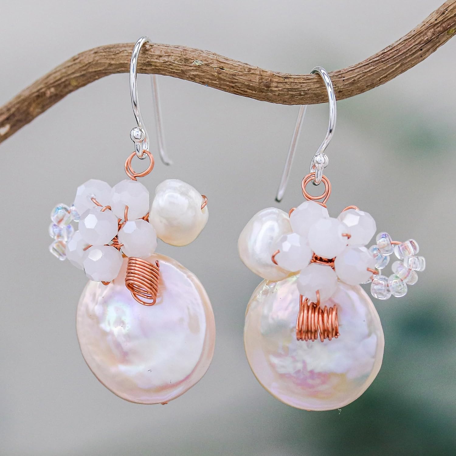 NOVICA Artisan Handmade Cultured Pearl Dangle Earrings Glass from Thailand Sterling Silver Copper Freshwater White Cluster Bridal Birthstone [1.5 in L x 0.7 in W] ' Night Glamour in White'