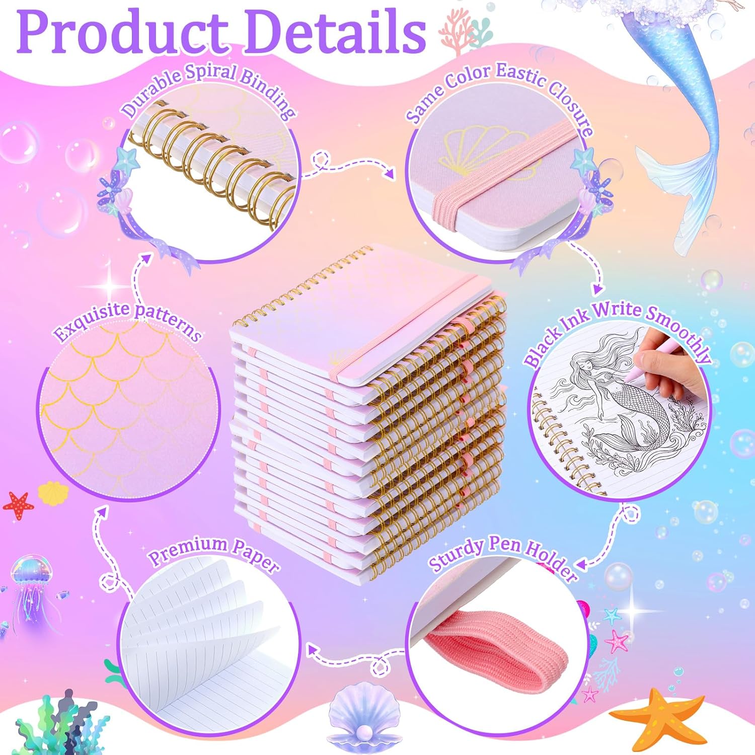 Fulmoon 24 Set Mermaid A6 Spiral Notebook with Ballpoint Pens 50 Sheets, 4"x 6" Small College Ruled Notepads Journaling Notebooks Bulk Mermaid Party Gifts for Back to School Supplies Offices Team