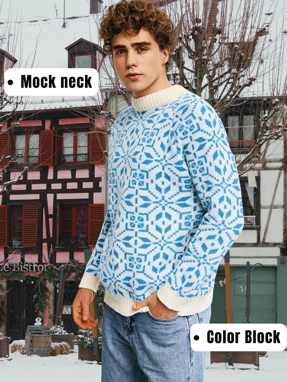 Men's Nordic Snowflake Chunky Sweater, Mock Neck Knit Pullover for Winter & Holiday Season - Image 3