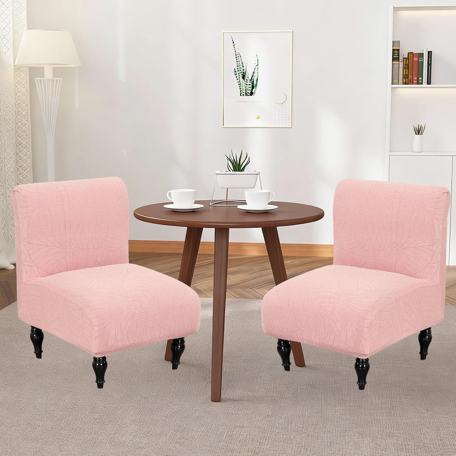 Armless Accent Chair Cover Stretch Leaf Jacquard Chair Covers for Living Room Armless Slipper Chair Slipcover Chair Furniture Protector Covers (Pink, 2PCS)