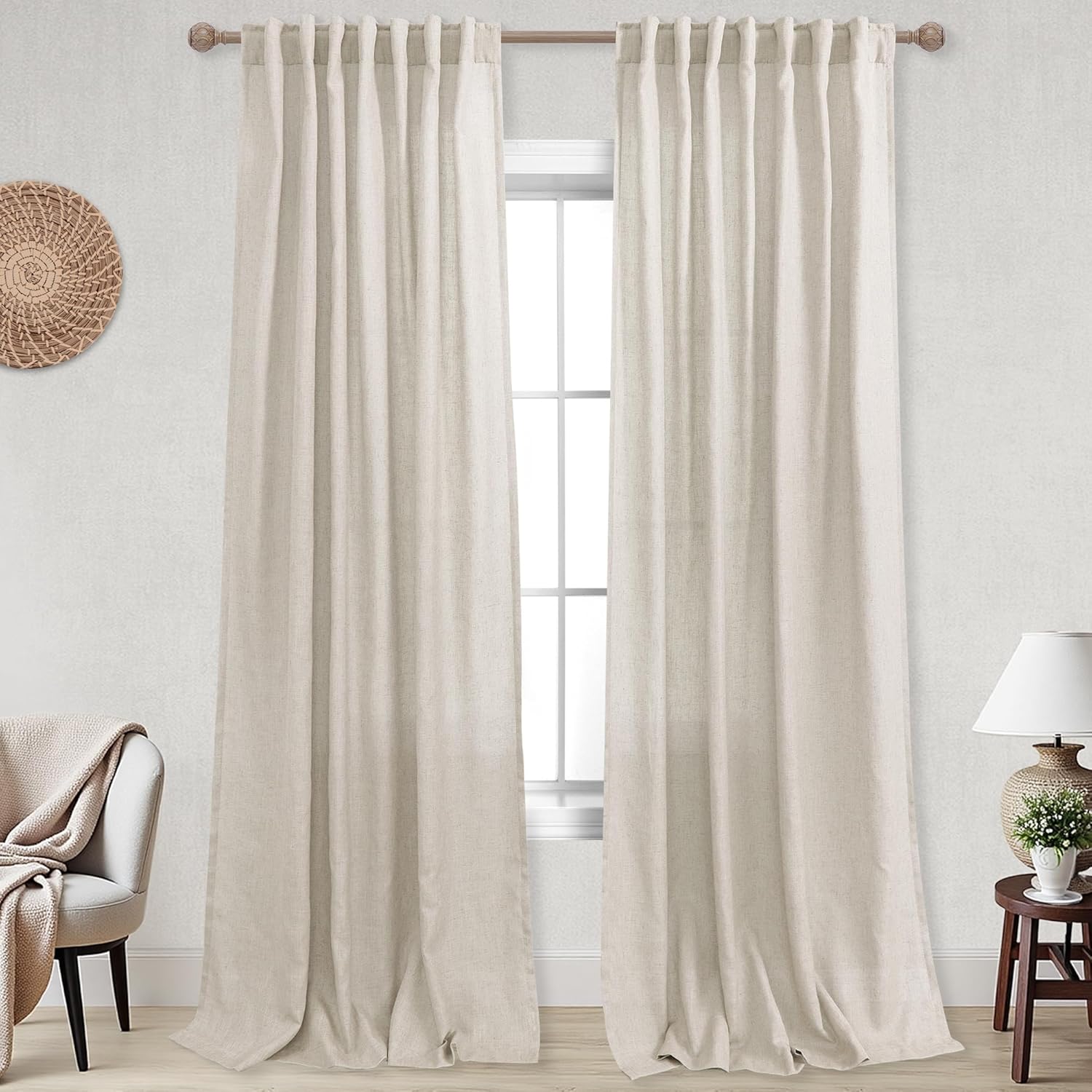KOUFALL Tan Beige 52x98 Inches Long Back Tab Rod Pocket Linen Sheer Curtains for Living Room