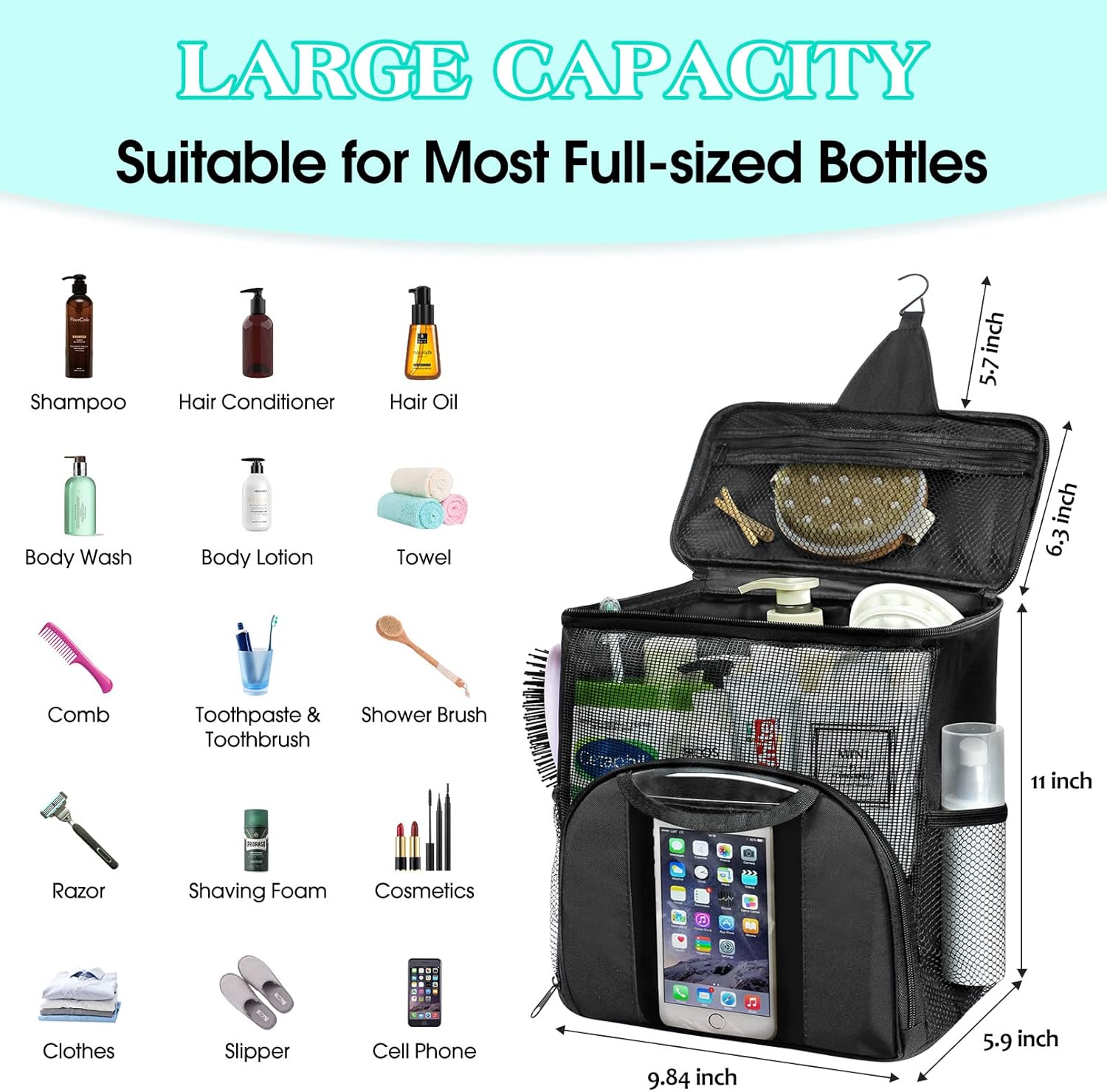 attmu mesh shower caddy portable dorm tote bag, quick dry hanging toiletry bag, large capacity shower bag for college dorm room essentials for boys and girls for bath camping (black)