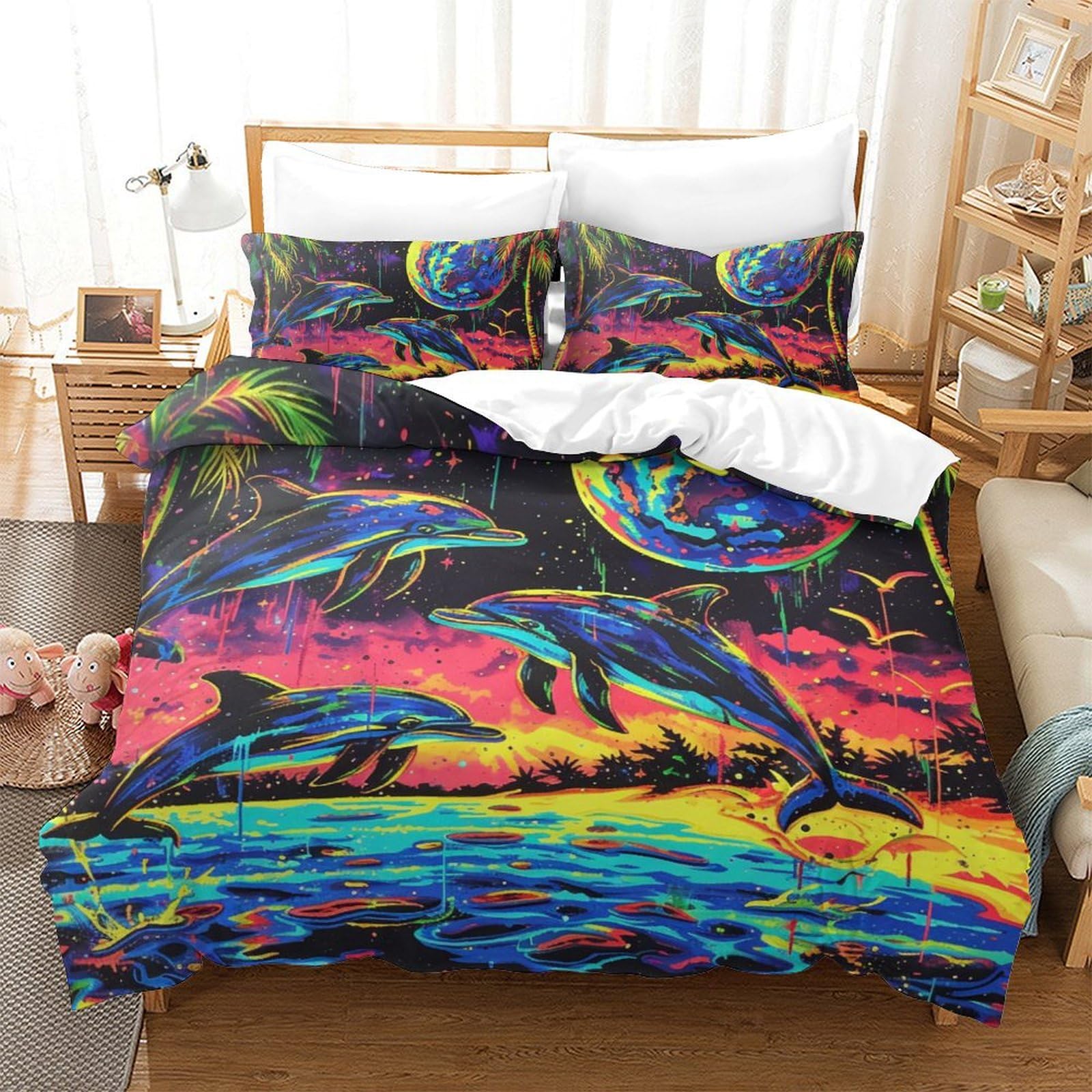 Parure de lit dauphin 3D housse de couette king size sans repassage anti-plis avec fermeture