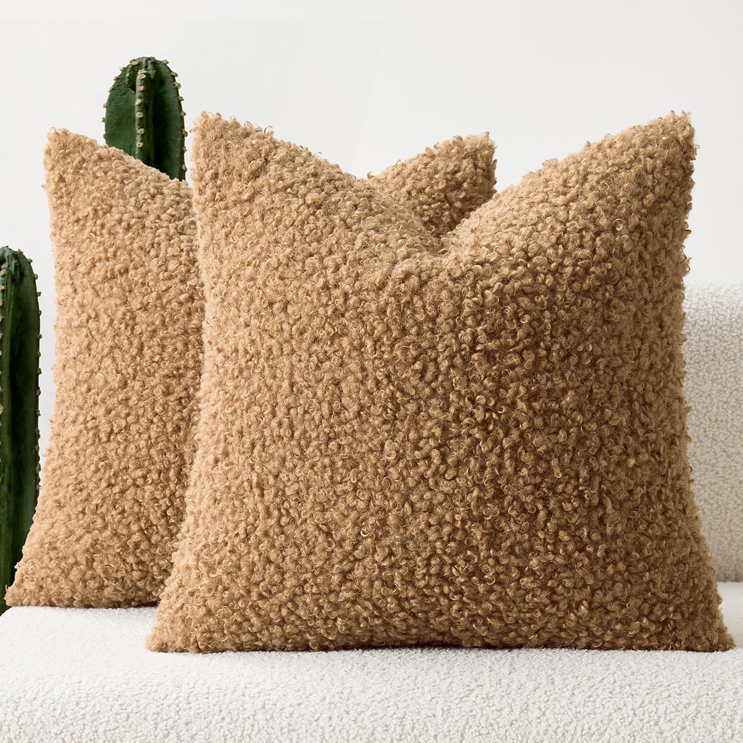 Woaboy Faux Fur Throw Pillow Covers 20x20 Inch Set of 2 Boucle Neutral Decorative Sherpa Fuzzy Accent Soft Sheepskin Fleece Cushions Modern Home Decor for Couch Sofa Bedroom Living Room,Light Brown 20" x 20" (Pack of 2) Light Brown