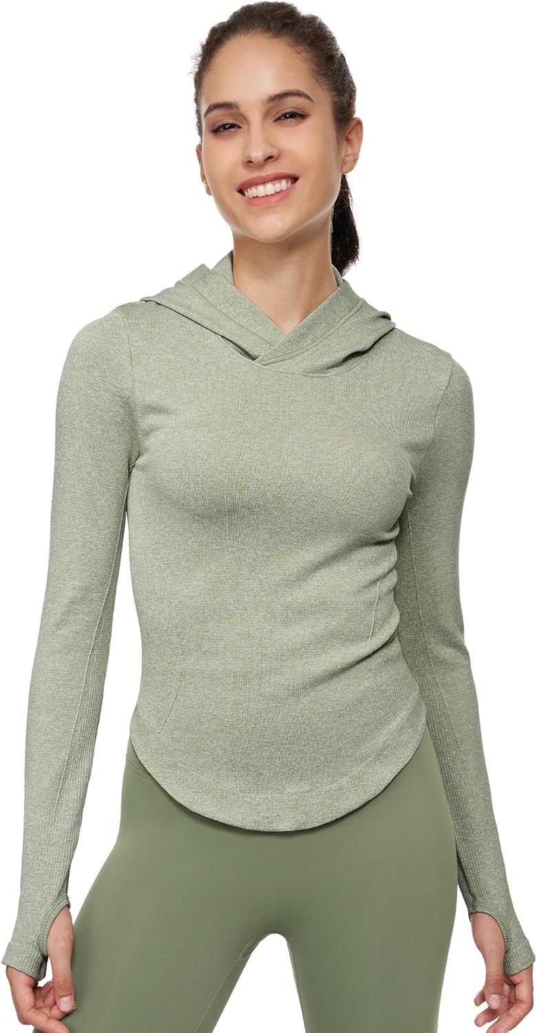 Womens Hooded Athletic Long Sleeve Running Shirts Workout Yoga Tops with Thumb Holes Slim Fit