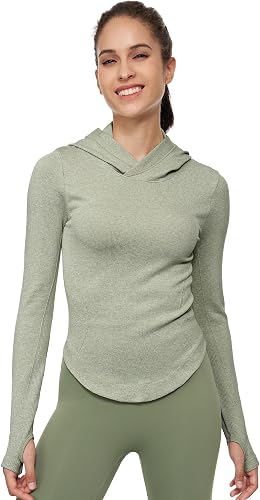 Womens Hooded Athletic Long Sleeve Running Shirts Workout Yoga Tops with Thumb H