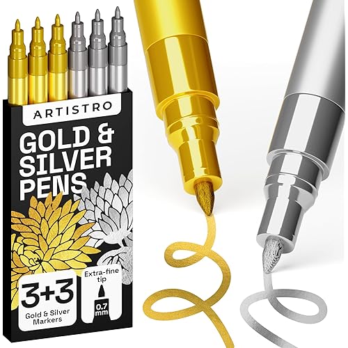 ARTISTRO 6 Acrylic Gold & Silver Paint Pens - 0.7mm Extra-Fine Markers - Great for Greeting Cards, Ornament Decor, & More