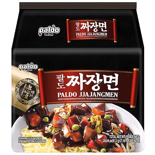 Miniatura 1 de Paldo Fun  Yum Jjajangmen - Fideos instantáneos paquete de 4 ramen Chajang sin caldo con salsa de frijoles negros salada y dulce ramyun coreano de