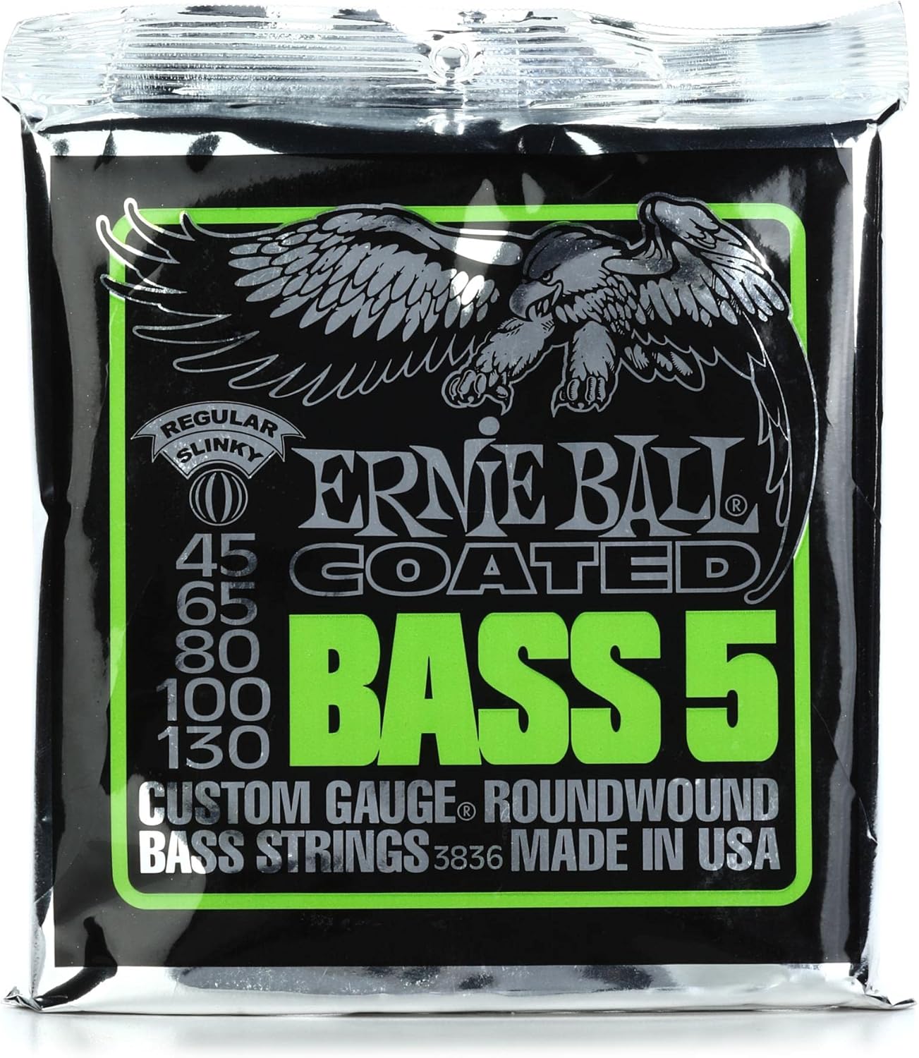 Ernie Ball 5-String Regular Slinky Coated Bass Guitar Strings, 45-130 Gauge (P03836)