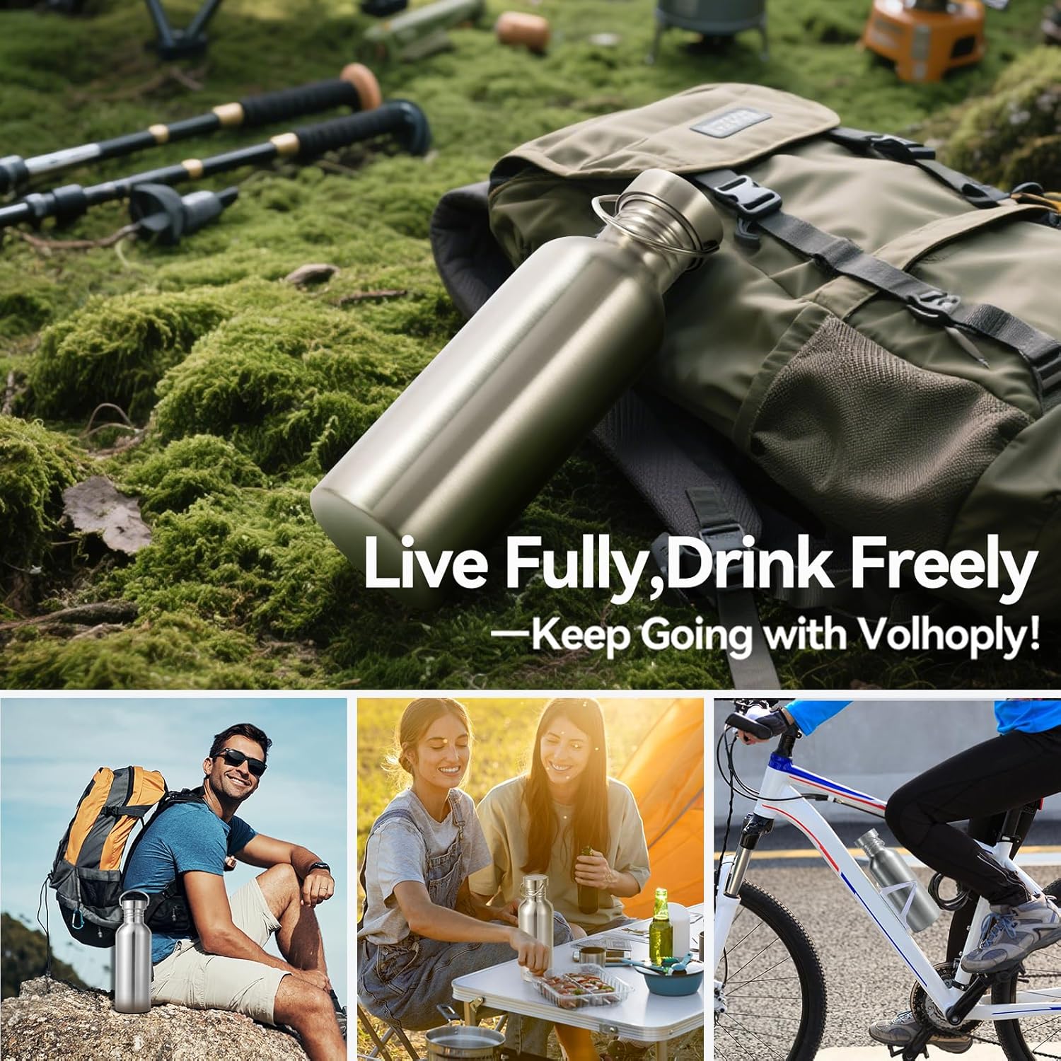 Volhoply 32oz Uninsulated Single Walled Water Bottle 4 Pack, Stainless Steel Reusable Water Bottles with Handle, BPA Free & Plastic Free 18/8 304 Metal Water Bottles for Camping, Hikers, Cyclists