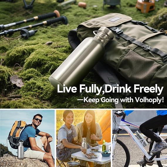 Volhoply 1000ml Uninsulated Single Walled Water Bottle, Stainless Steel Reusable Water Bottles with Handle, BPA Free & Plastic Free 18/8 304 Metal Water Bottles for Camping, Hikers, Cyclists