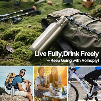 Volhoply 1000ml Uninsulated Single Walled Water Bottle, Stainless Steel Reusable Water Bottles with Handle, BPA Free & Plastic Free 18/8 304 Metal Water Bottles for Camping, Hikers, Cyclists