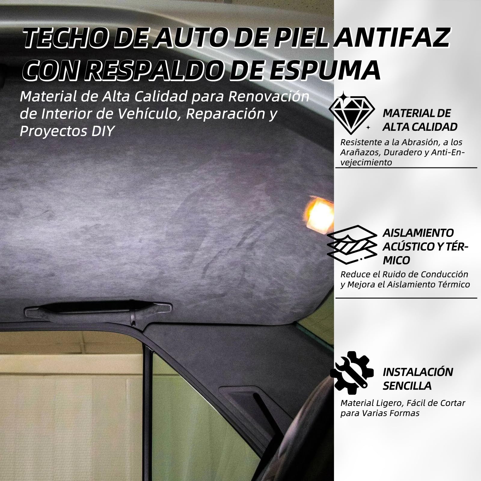 Tela de ante para el techo del coche, con respaldo de espuma, ideal para la sustitución de cubiertas de coche, autocaravanas, autocaravanas y proyectos de bricolaje (200,7 x 152,4 cm) (negro)