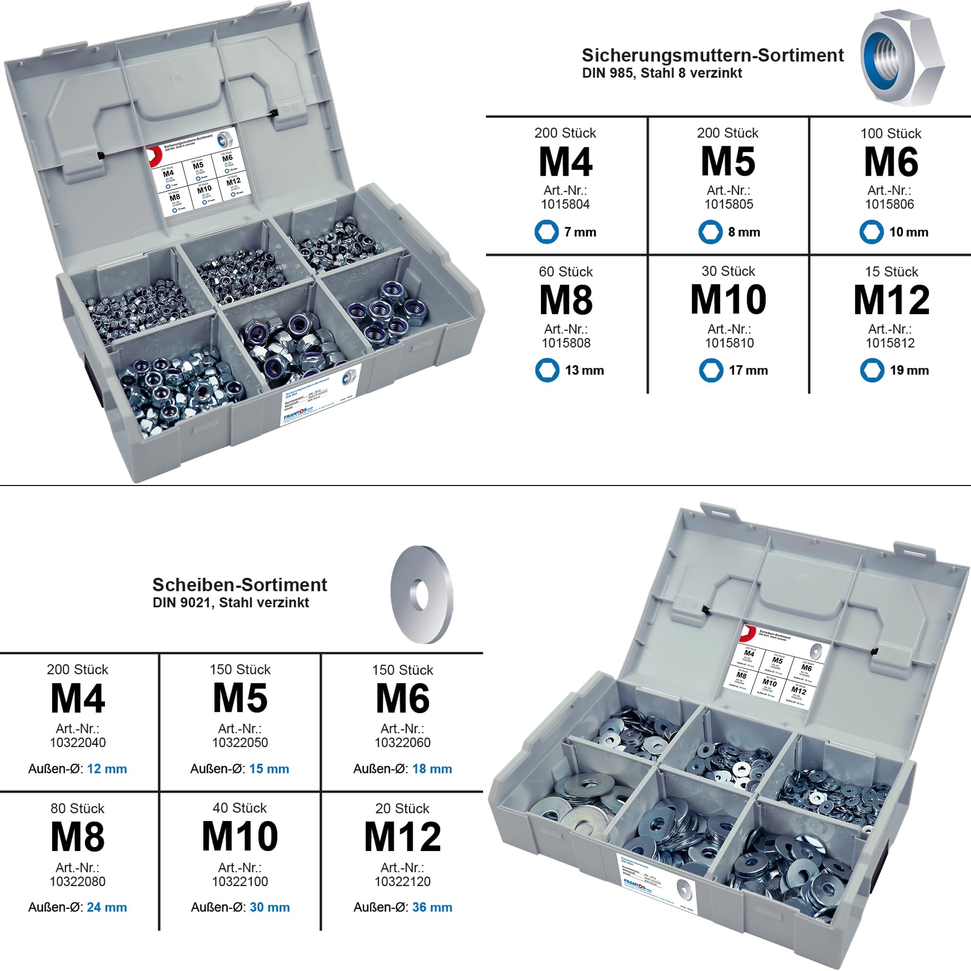 FRANTOS XXL Schrauben Set mit Muttern 2745-tlg (Stahl verzinkt) in L-BOXX & L-BOXX Mini, Zylinderkopfschrauben DIN 912, Unterlegscheiben DIN 9021, Sicherungsmuttern DIN 985 INKL. Meterstab