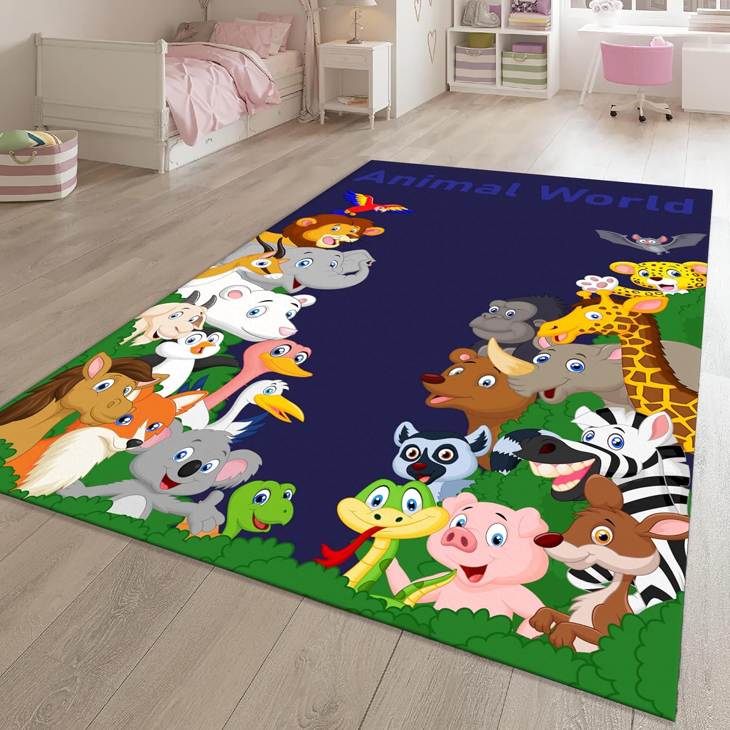 Cartoon Forest Animals Area Rug 3x5ft,Cute Animal Printed Learning Play Mat,Lion Leopard,Giraffe,Elephant Cartoon Washable Rugs,Non Slip Kids Educational Classroom Carpet for Playroom Nursery