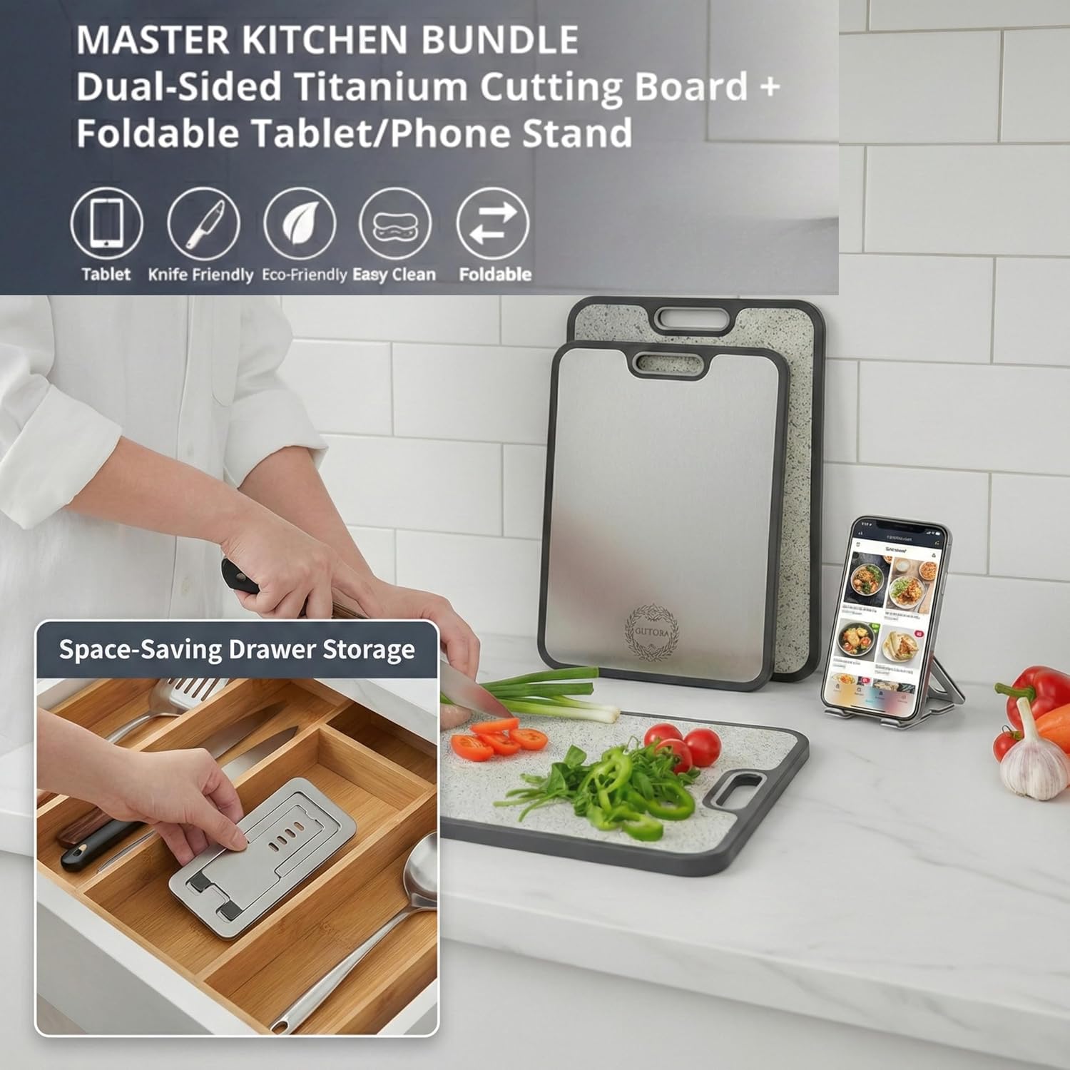 Titanium Cutting Board with Phone & Tablet Stand – Dual-Sided, Dishwasher Safe, Knife-Friendly Kitchen Prep Board