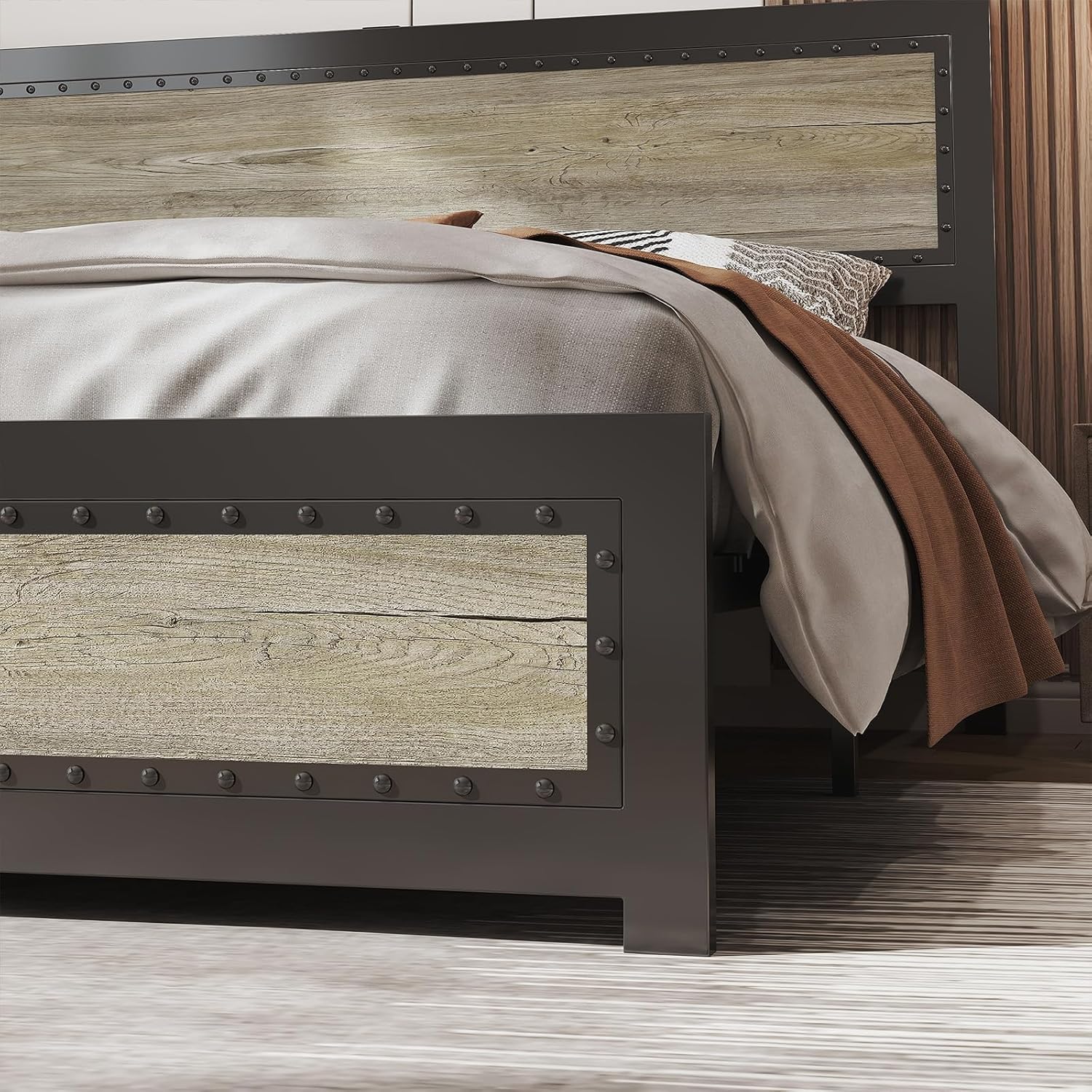 GAOMON Full Size Industrial Bed Frame with Headboard and Charging Station, Sturdy Metal Platform Bed Frame with Wood Accent, No Box Spring Needed, Easy Assembly, Wash Grey