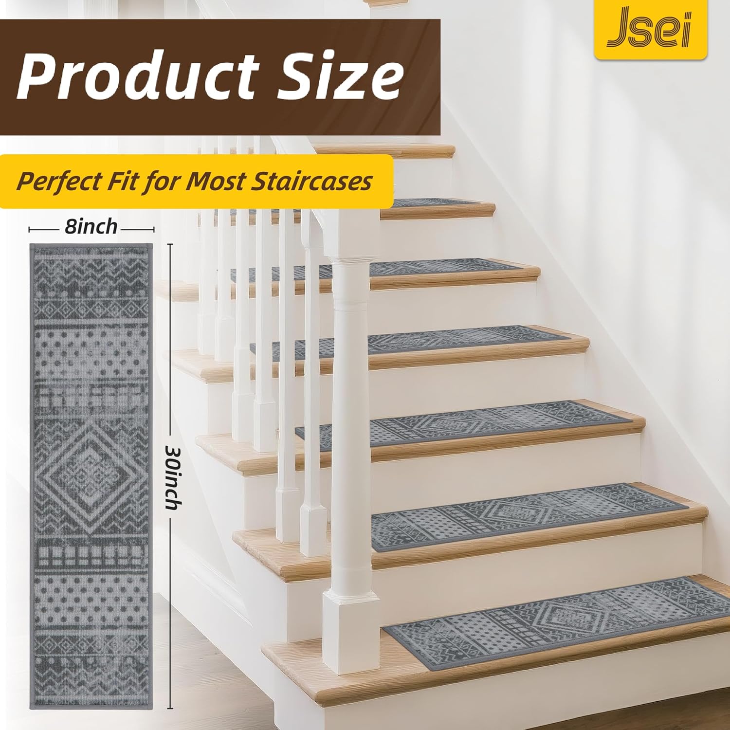 jsei stair treads for wooden steps, 15 pack 8" x 30" non-slip machine washable carpet stair tread with tpe backing, indoor stair rug runner for kids elders & pets, polyester, light grey/charcoal black 30''x8'' light grey/charcoal black 15