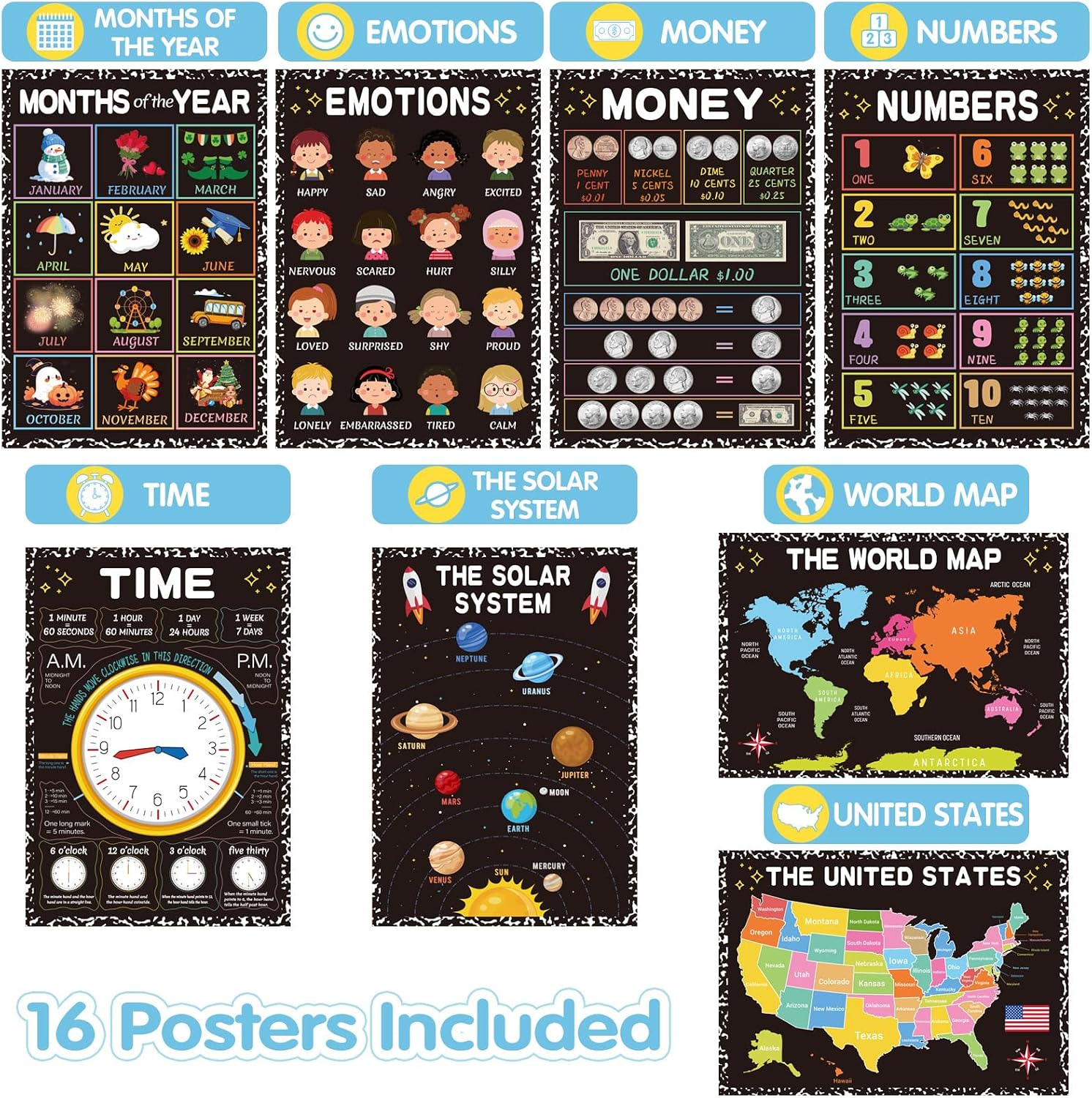 Classroom Educational Posters- Black Educational Learning Posters For Toddlers 1-3, Teacher Classroom Must Haves Supplies Essentials, ABC Alphabet & Number Learning Charts for Preschool Kindergarten- 16pcs 15.7"x11" image 3