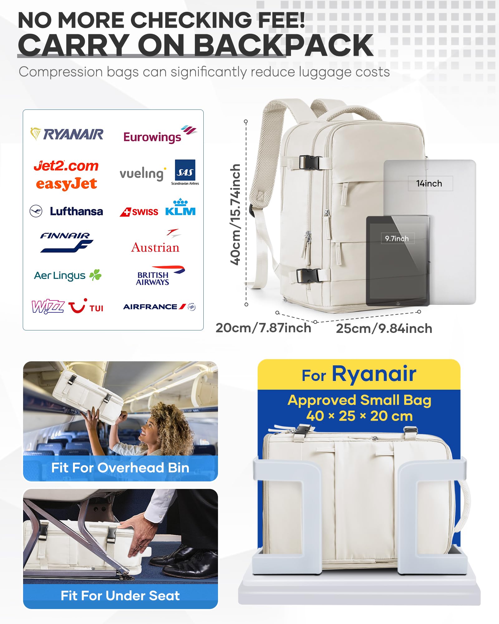 SZSYCN Zaino da Viaggio con Sottovuoto Ryanair 40x30x20 Wizzair Borse da Cabina per Ryanair 40x20x25 Bagaglio a Mano Sottovuoto con pompa,Zaino Casual per Laptop