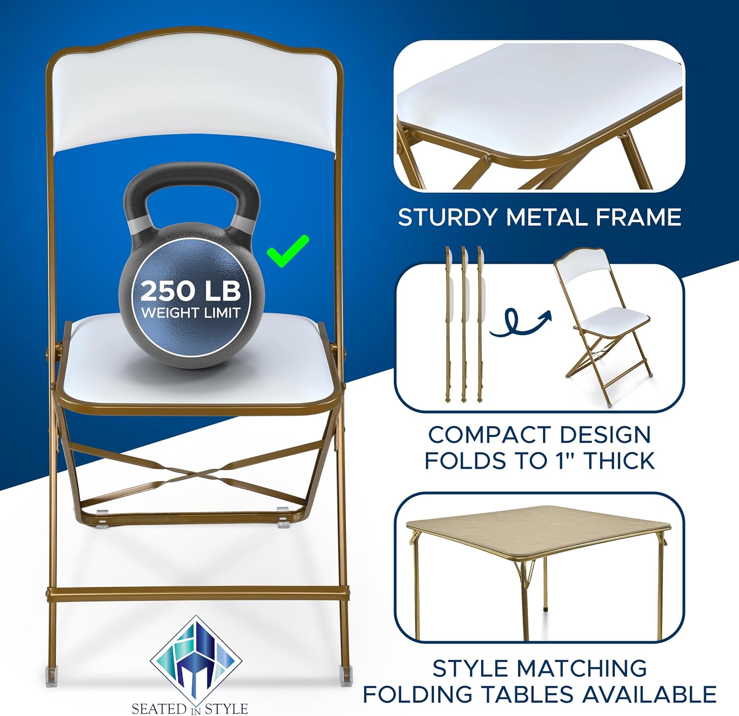 Folding Chairs with Padded Seats 4 Pack - Foldable Chair with Heavy-Duty Steel Frame, Elegant Party Bridge Chairs, Metal Folding Chair for Outside, Home, Office, Indoor & Outdoor Events - Gold/White