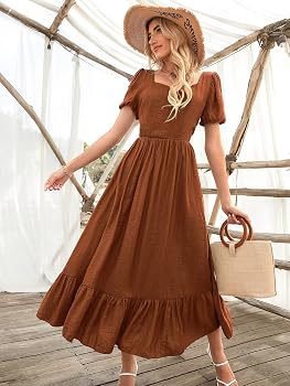 Amazon.com: Womens Casual Ruffle Hem Puff Sleeve Dress Maxi Beach Outfits  Women Maxi Dresses : Clothing, Shoes & Jewelry
