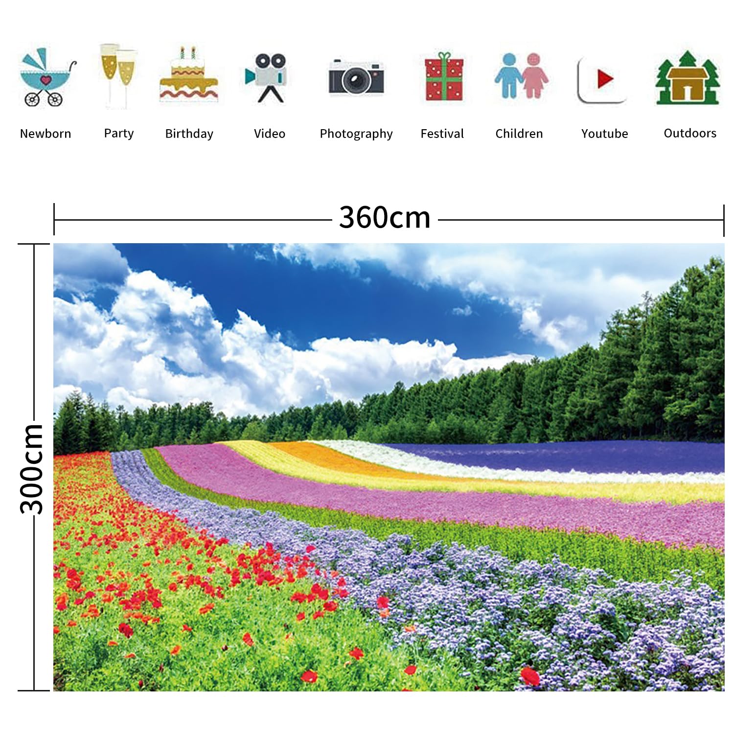3,6 x 3 m wiosenne kwiaty kolorowe tło czerwone fioletowe dzikie kwiaty pola niebieskie niebo białe chmury zielony las drzewa fotografia tło ślub urodziny przyjęcie dekoracja