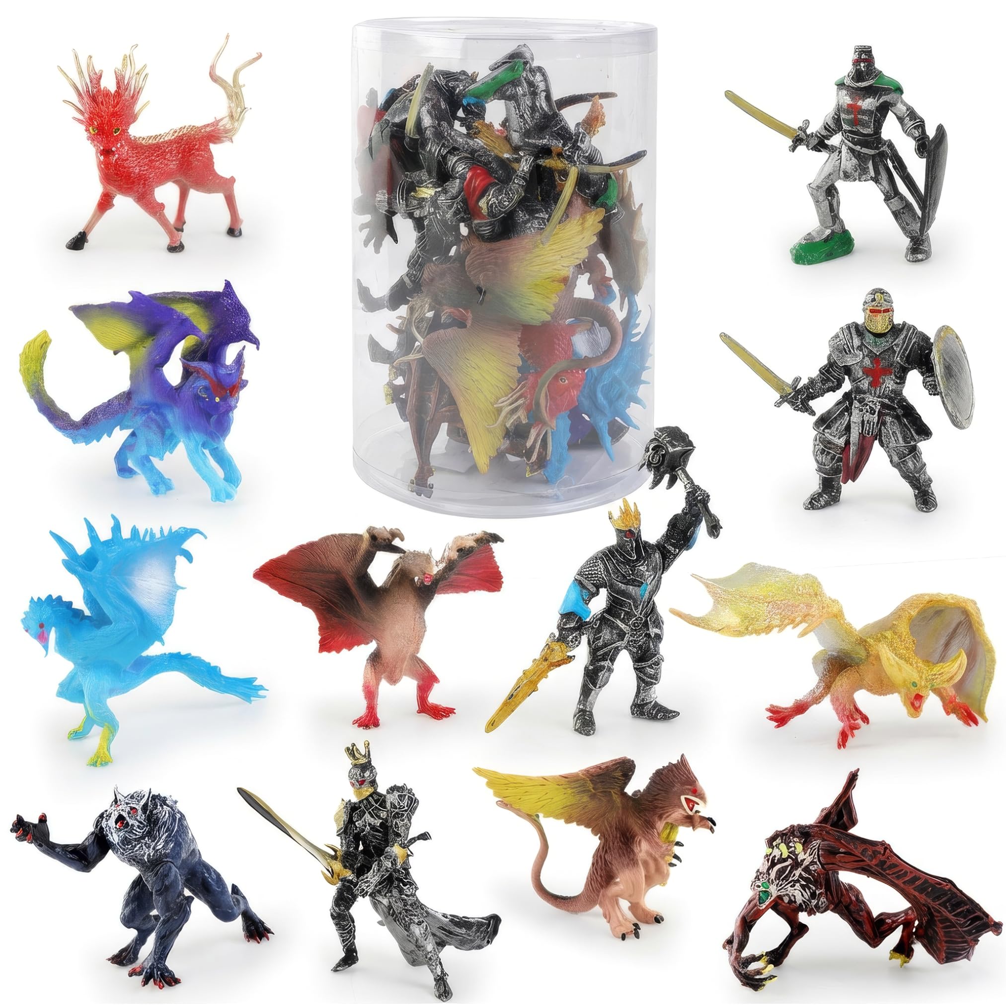 Liberty Imports 12 Pack Medieval Knight and Dragon Figurines Toy Set, Mythical Ancient Soldiers and Creatures for Kids, Decorative Cake Toppers & Party Favors