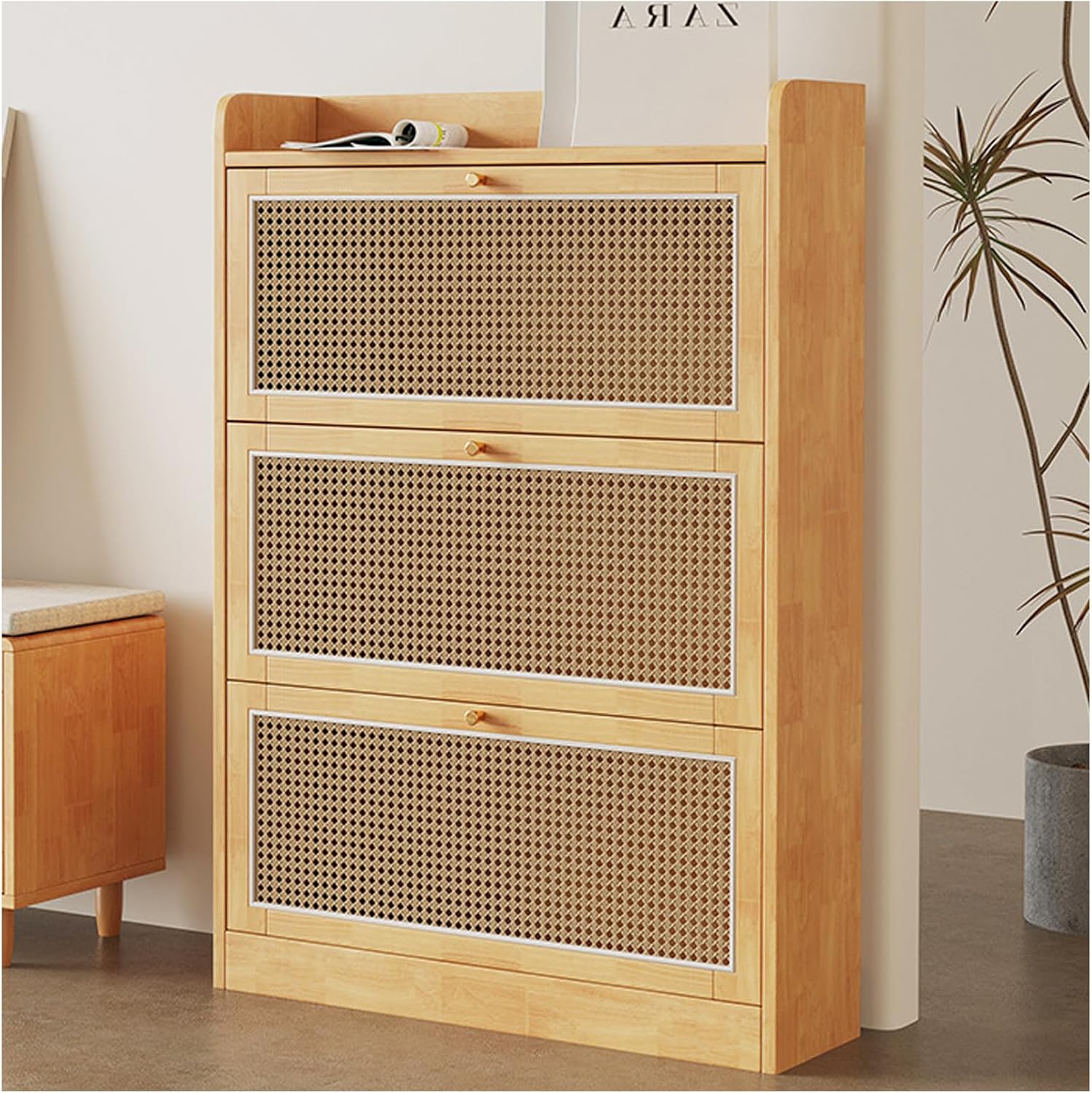 Shoe Storage Cabinet Cabinets Hallway Slim Cupboard Cupboards Hallways Slimline，Natural Rattan Shoe Cabinet with 3 Doors Shoe Storagefor 24 Pairs Rubberwood Shoe Rack Stylish Shoe Cupboard 8