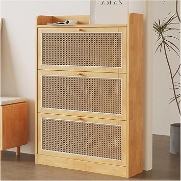 ARMERI Natural Rattan Shoe Cabinet with 3 Flip Drawers, Free Standing Shoe Rack, Entrance Hallway, Modern Rubber Wood 2-Tier Shoe Rack Storage Cabinet for Heels, Boots, Slippers,Original Wood