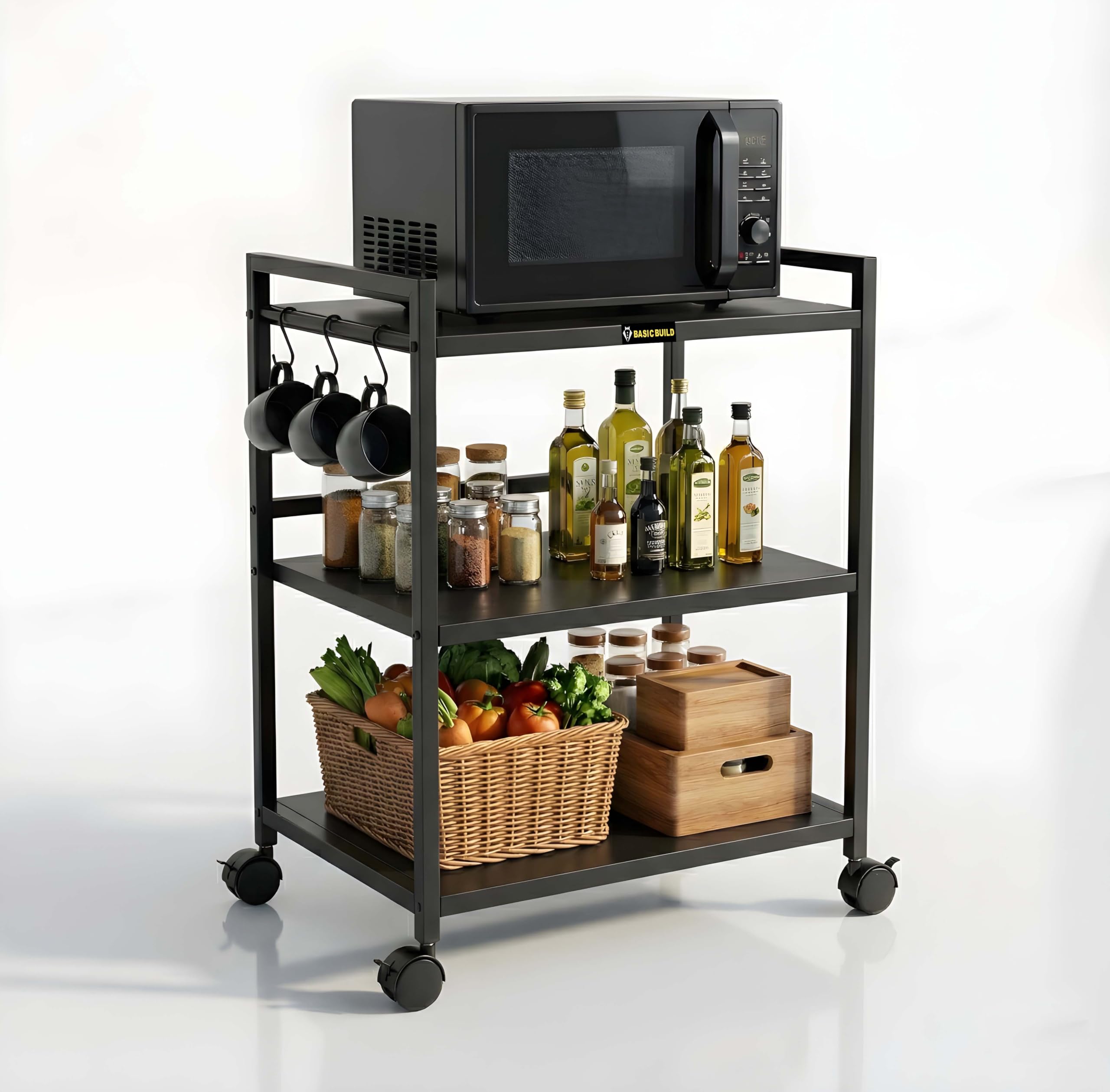 Heavy Duty 3 Tier Microwave Oven Stand for Kitchen | Multi-Purpose Metal Rack with Wheels | Storage Organizer for Oven, OTG, Air Fryer, Printer, and Appliances (Black)-image-16